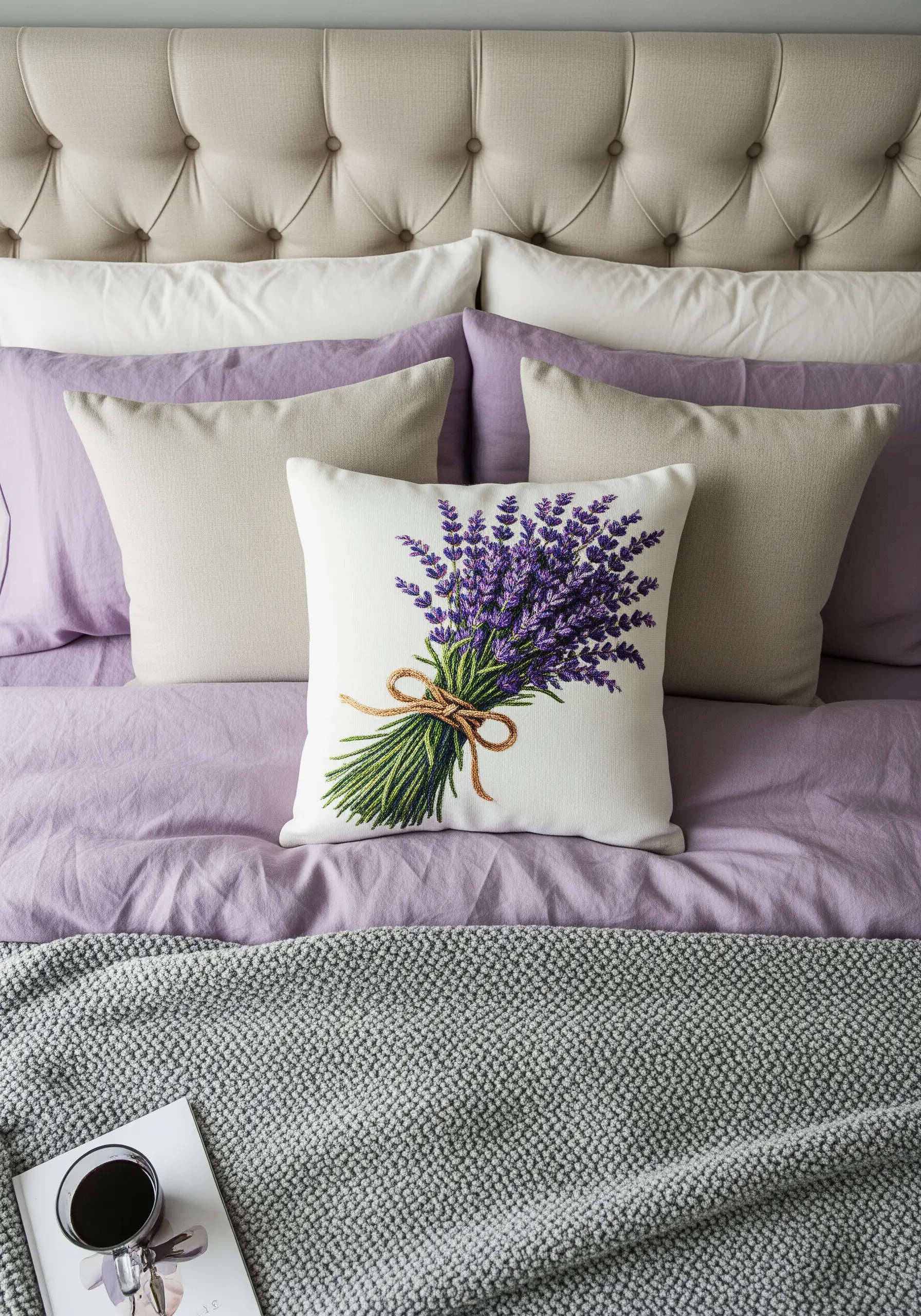 A white cushion with a richly textured embroidered lavender bouquet on a lavender-themed bed.