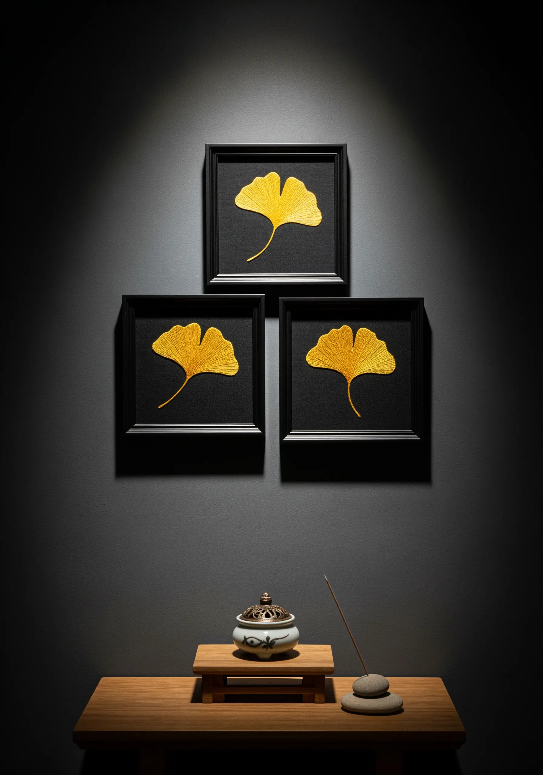A triptych of framed golden ginkgo leaves embroidered on black fabric.