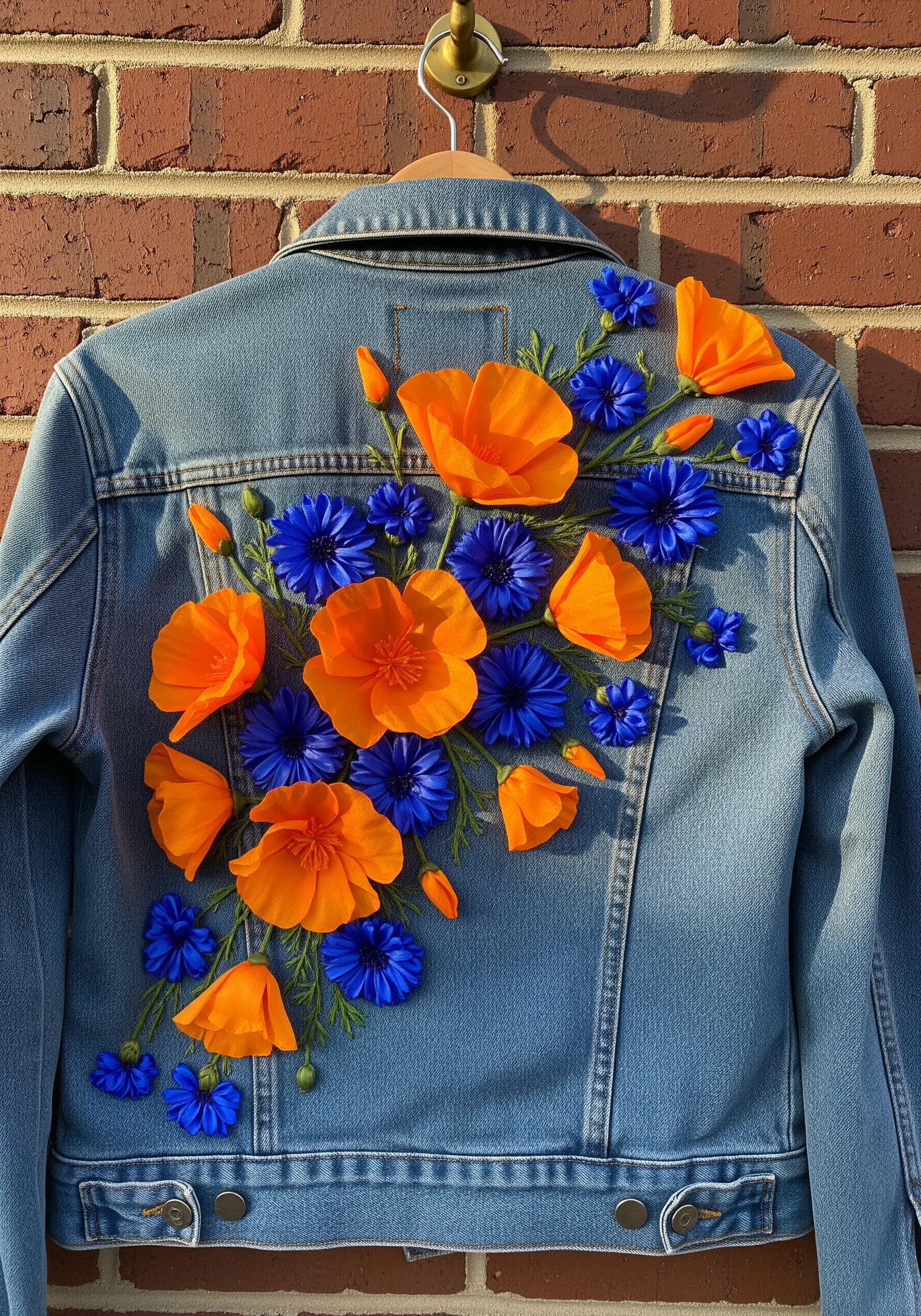 A denim jacket embellished with bright orange poppies and blue cornflowers made from ribbon.