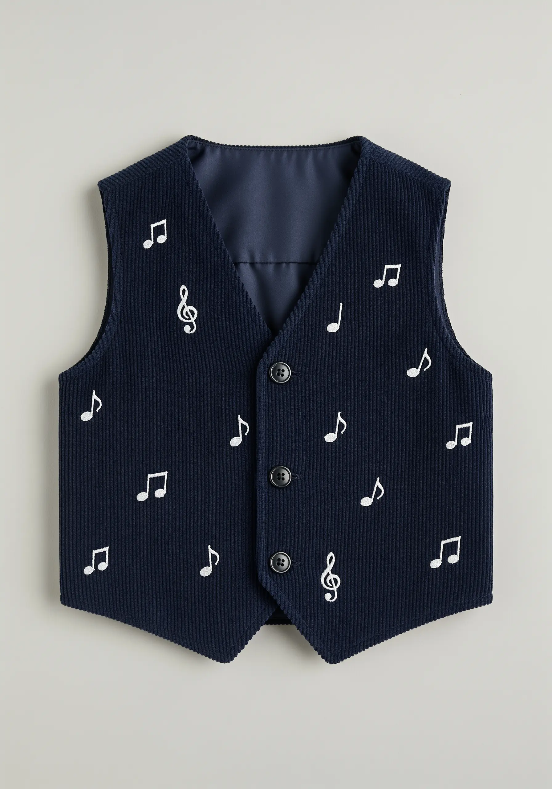 White musical notes embroidered in satin stitch on a navy blue corduroy vest.