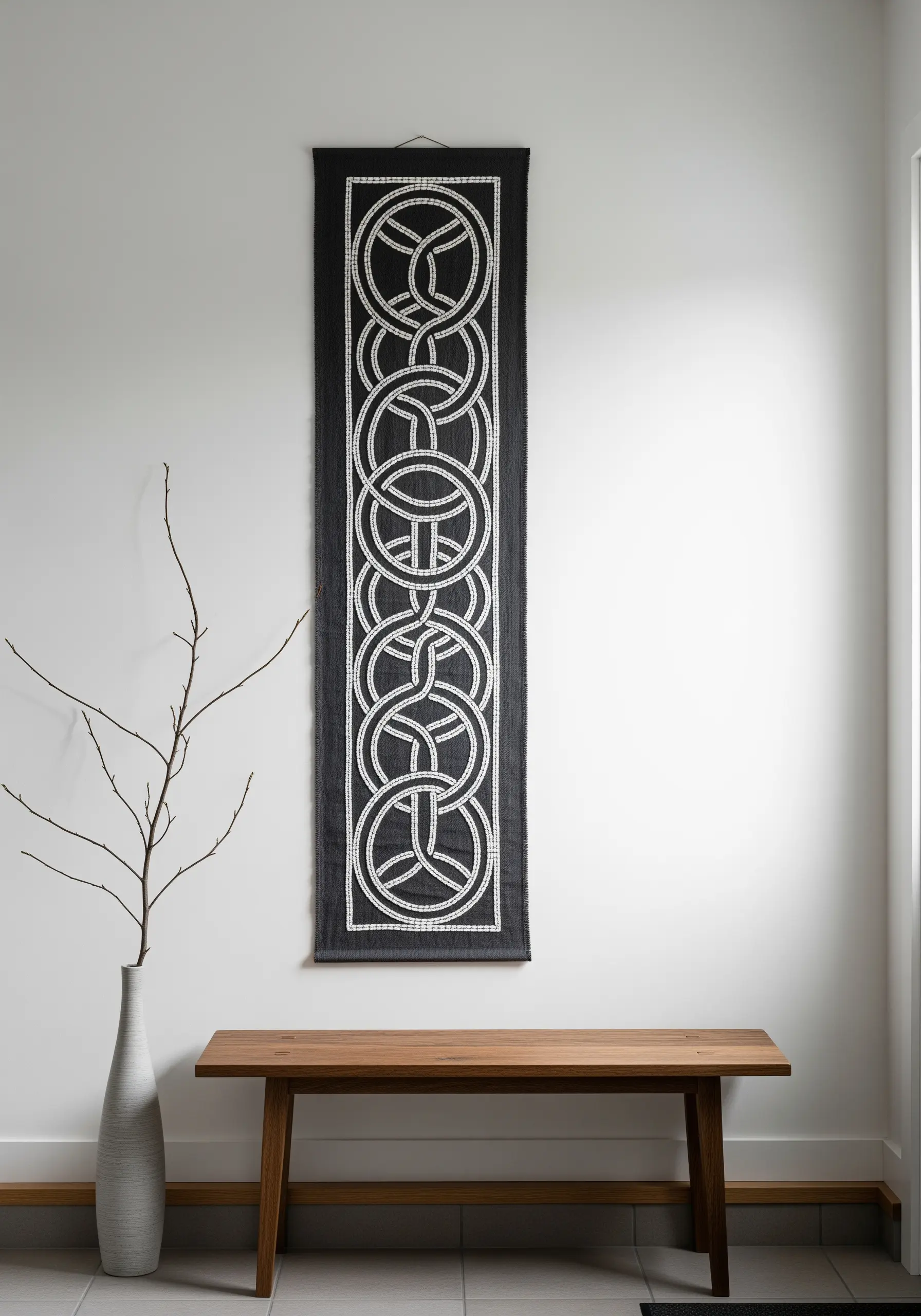 A long, dark wall hanging featuring a geometric pattern of interlocking white circles.