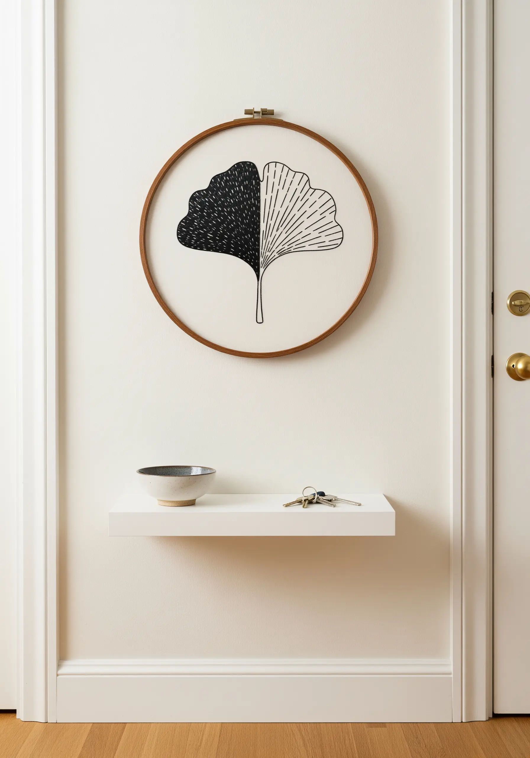 An embroidery hoop with a ginkgo leaf, half filled with black stitches, half outlined.