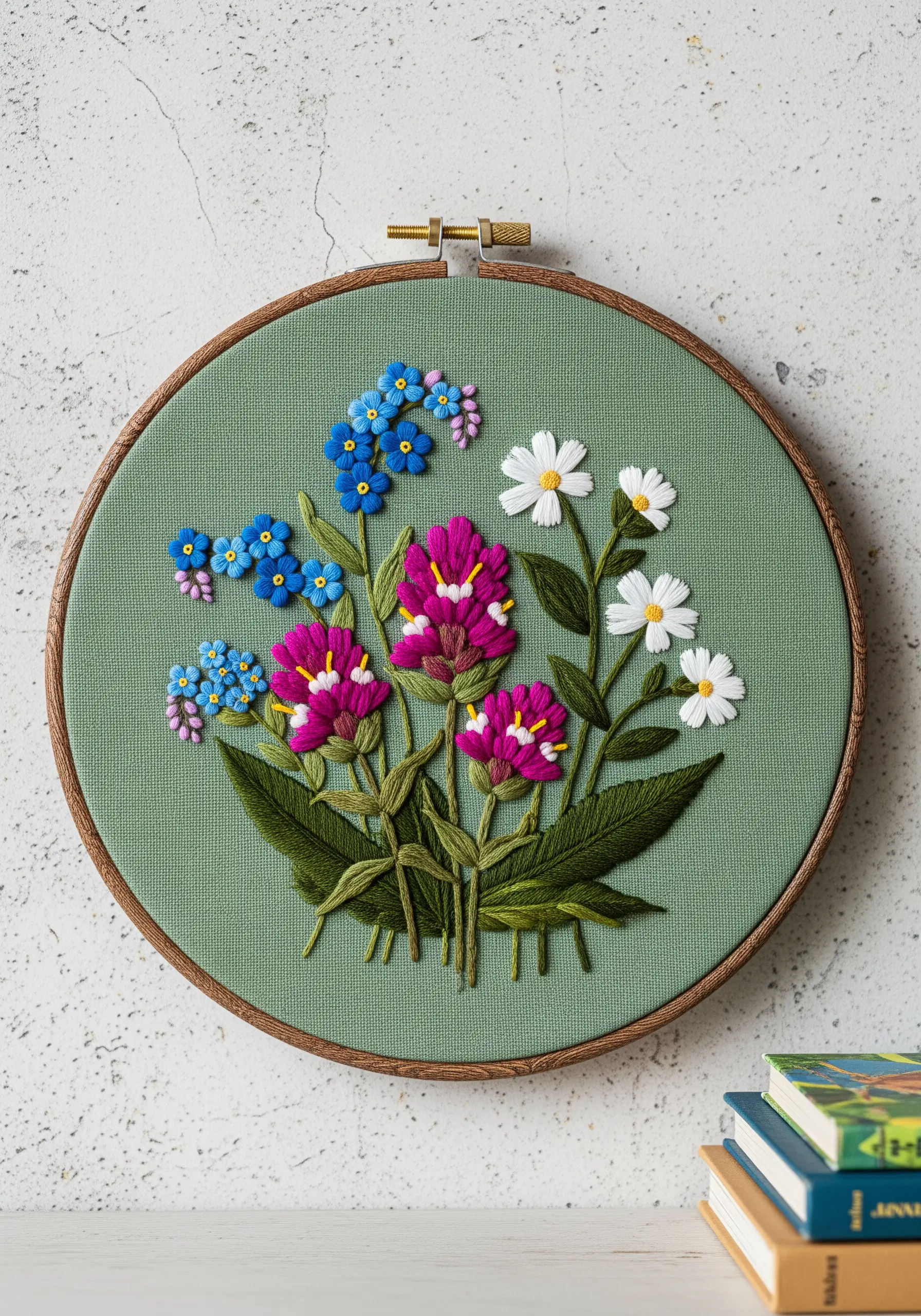 Embroidery with bright magenta, blue, and white flowers on a sage green fabric background.