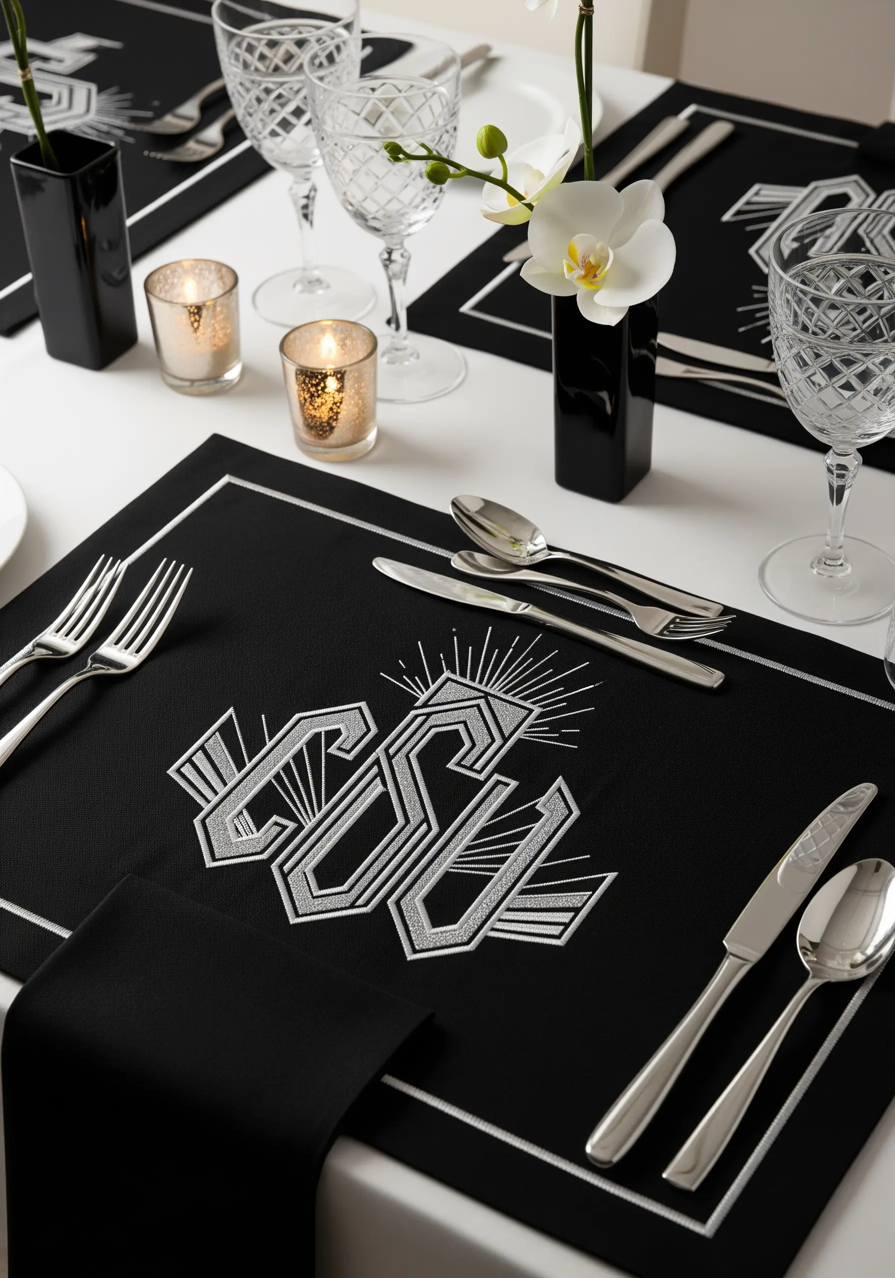 A bold, silver Art Deco monogram 'CSU' on a black placemat, creating a stark contrast.