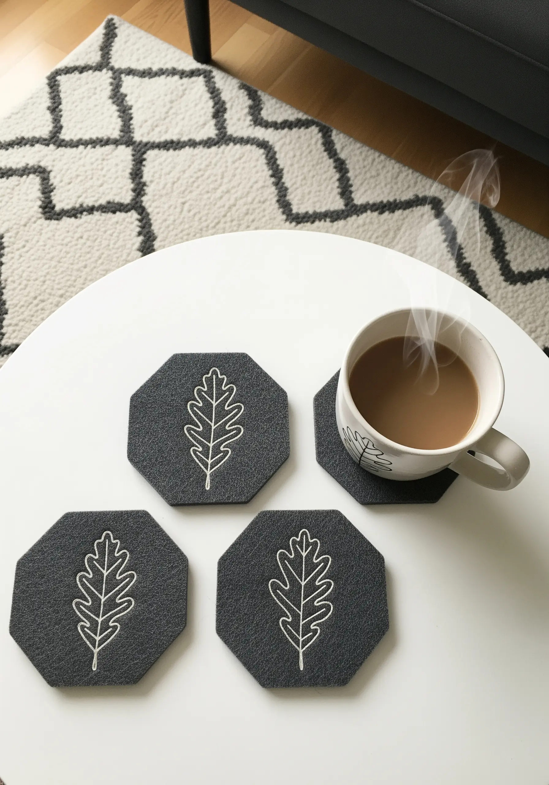 A simple oak leaf outline stitched in white on dark grey felt coasters.