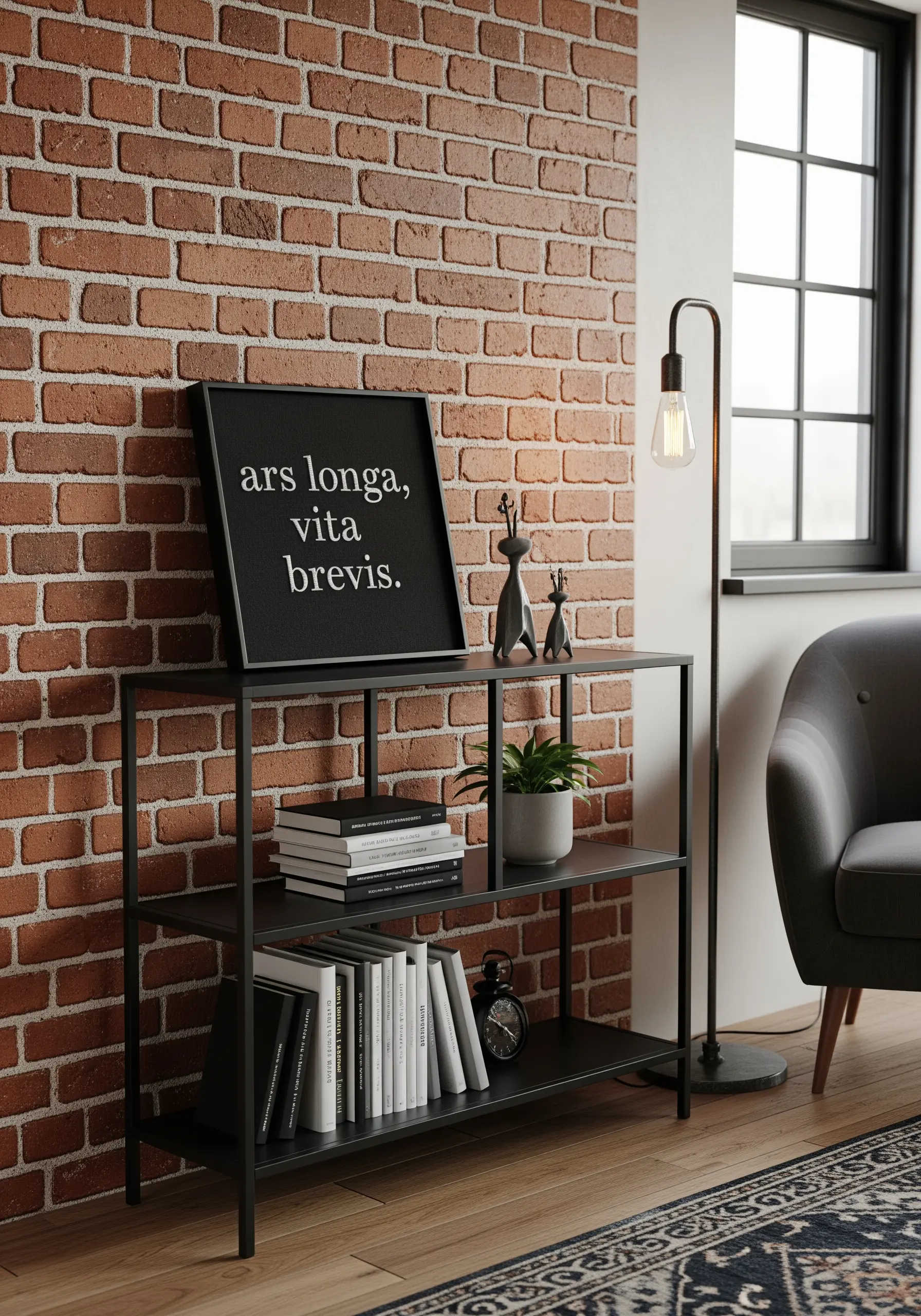 Embroidered Latin phrase 'ars longa, vita brevis' in a classic white serif font on black fabric.