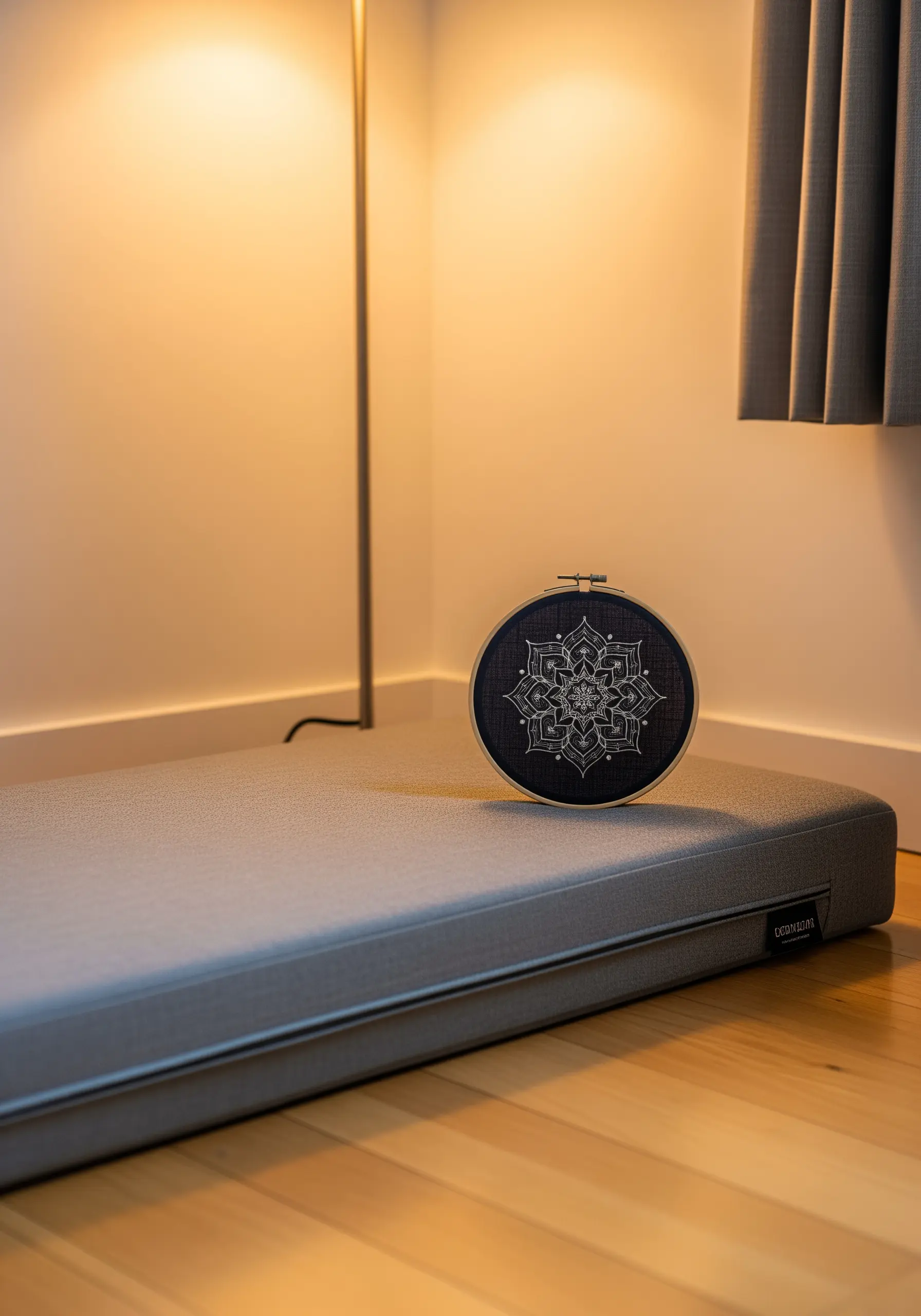 Intricate white mandala stitched on black fabric in a dark wooden hoop.