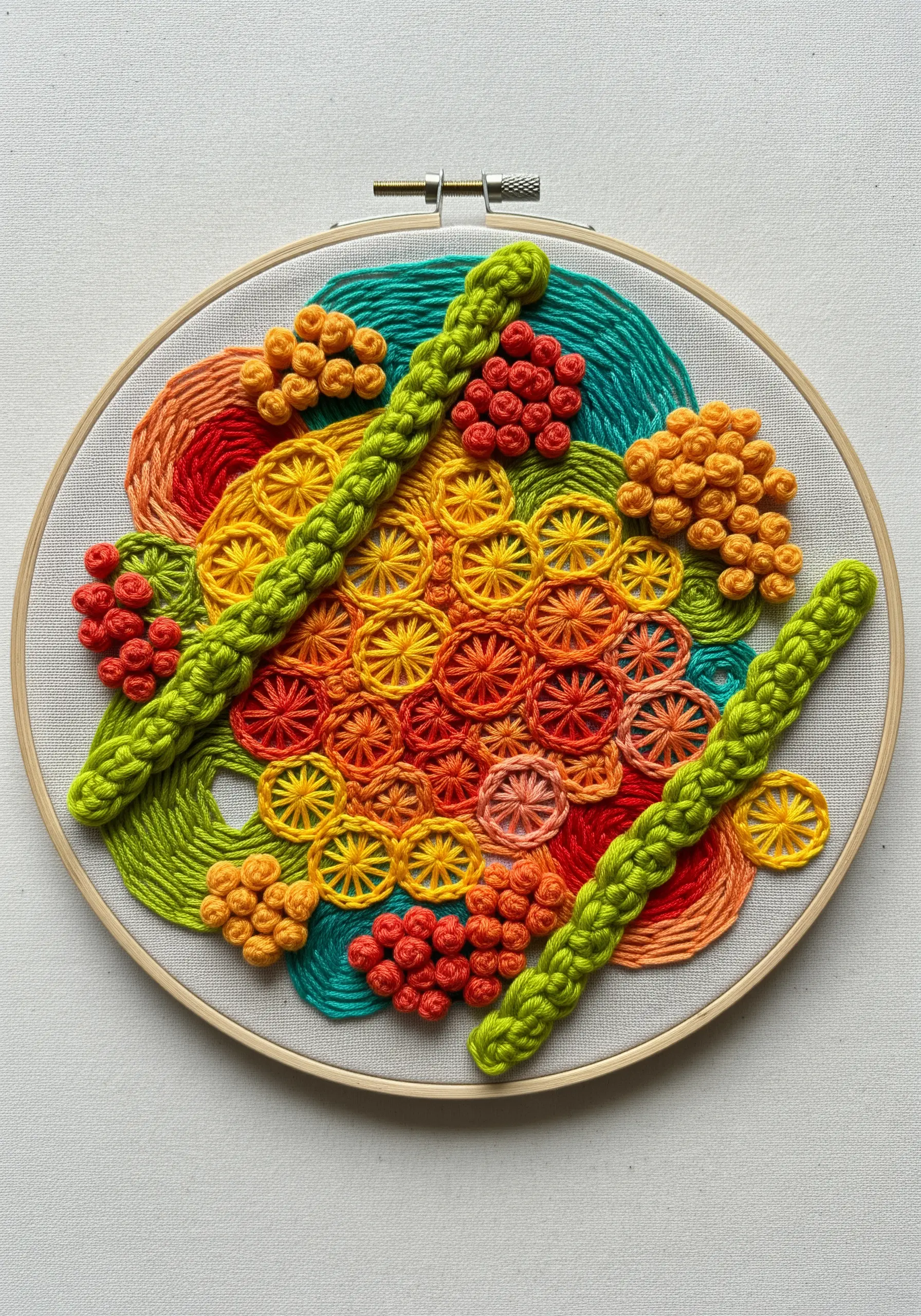 Dense cluster of woven wheel stitches in warm colors, with French knots and braided accents.