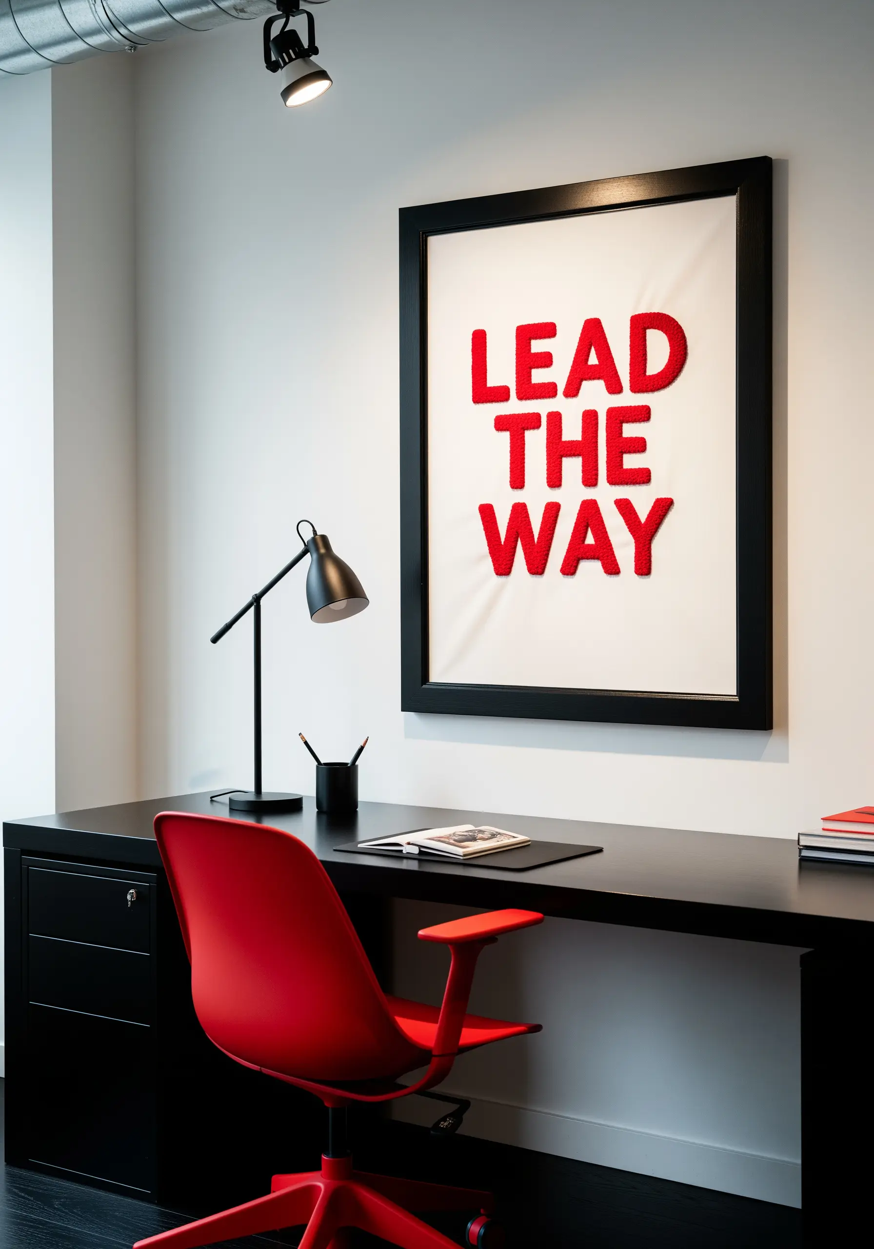 Bold red chenille embroidery of the phrase 'Lead The Way' on a large framed canvas.