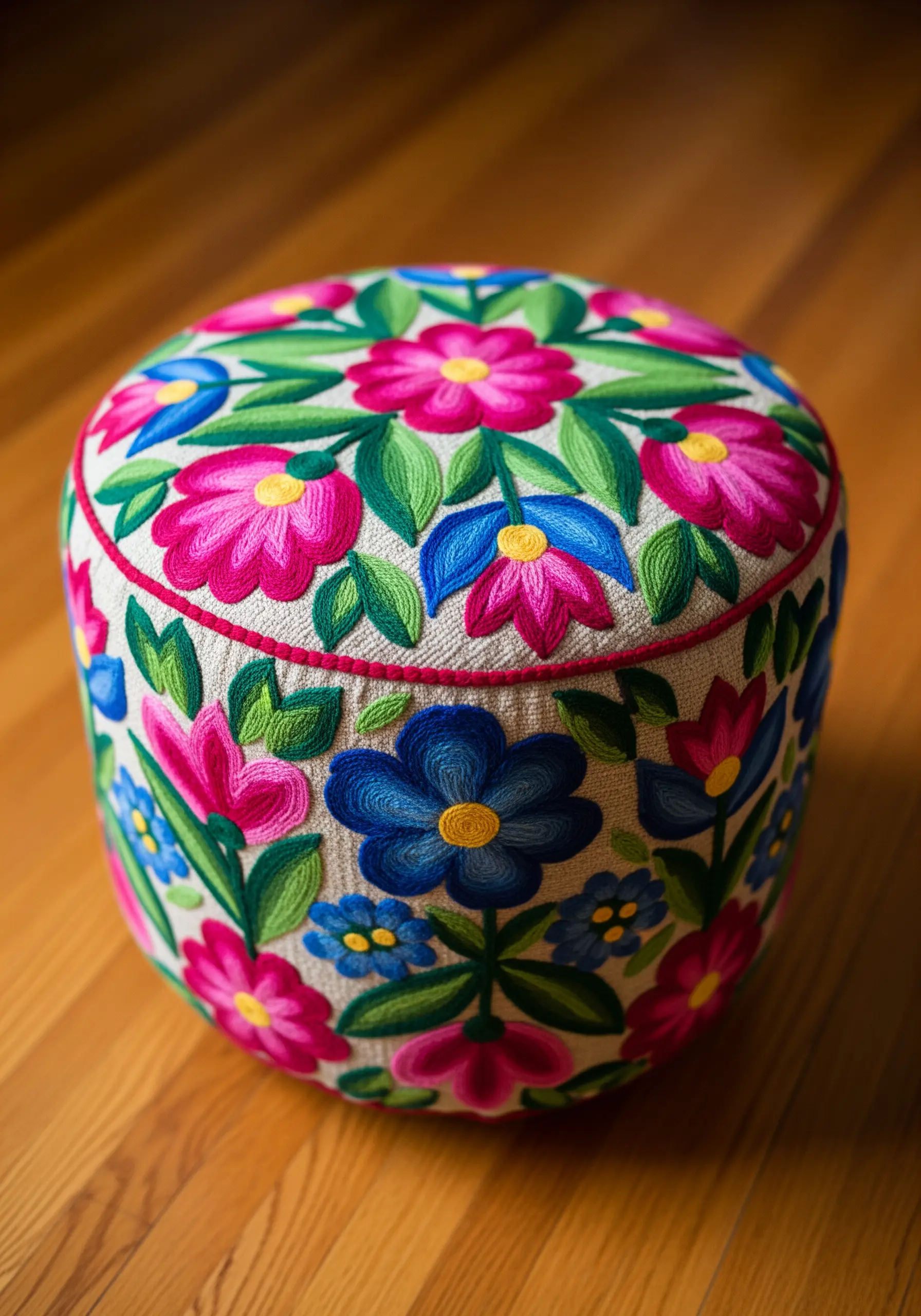 A round ottoman completely covered in dense, colorful folk-art style floral embroidery.