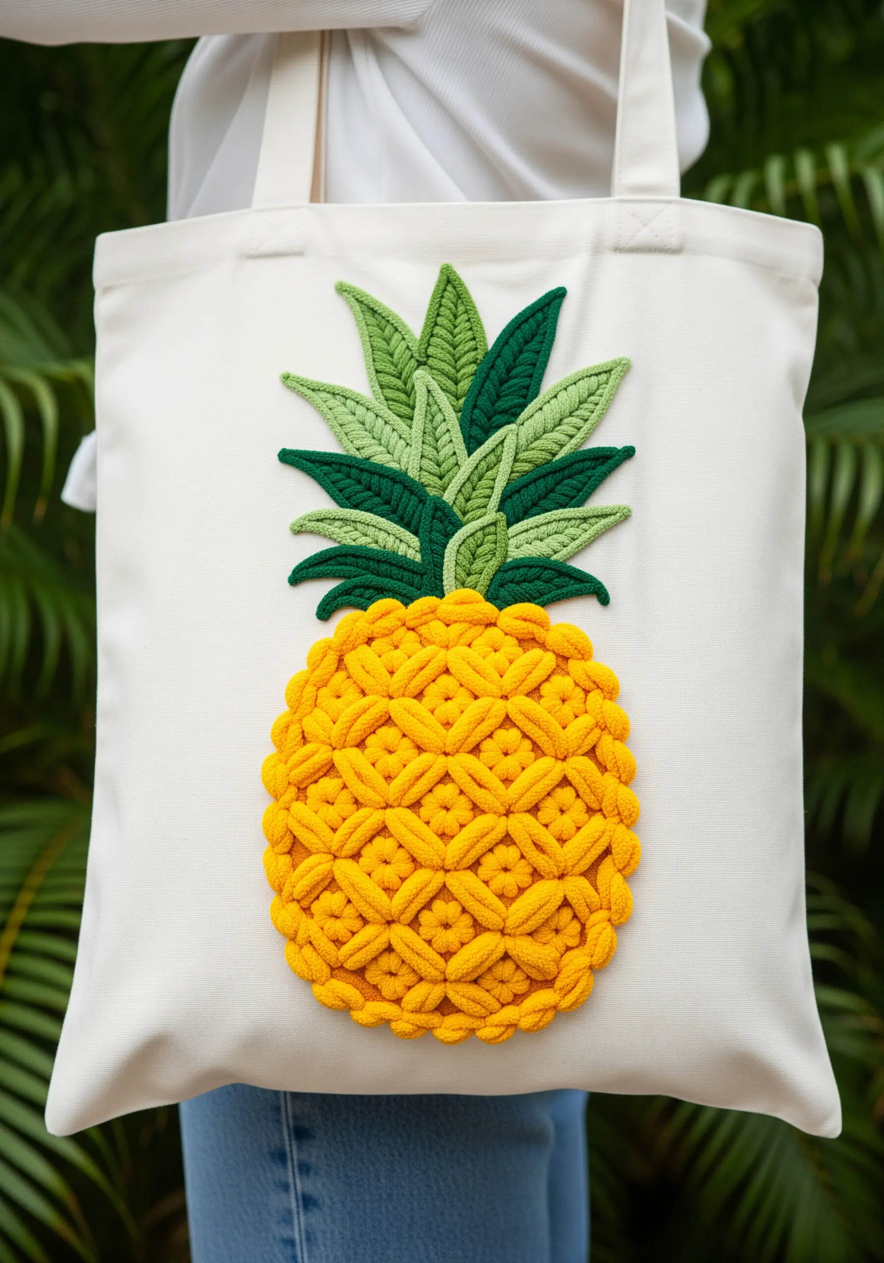 A highly textured, 3D embroidered pineapple using thick yarn and woven stitches.