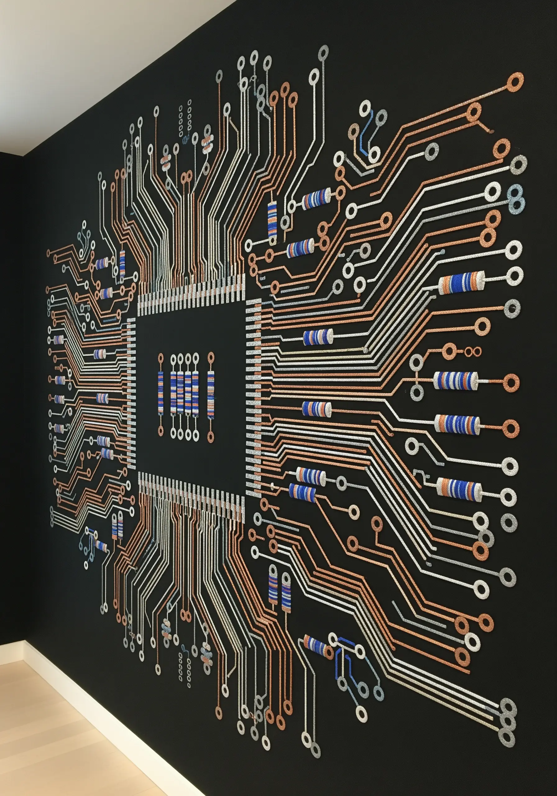 Large, detailed embroidery of a computer circuit board on a black wall.