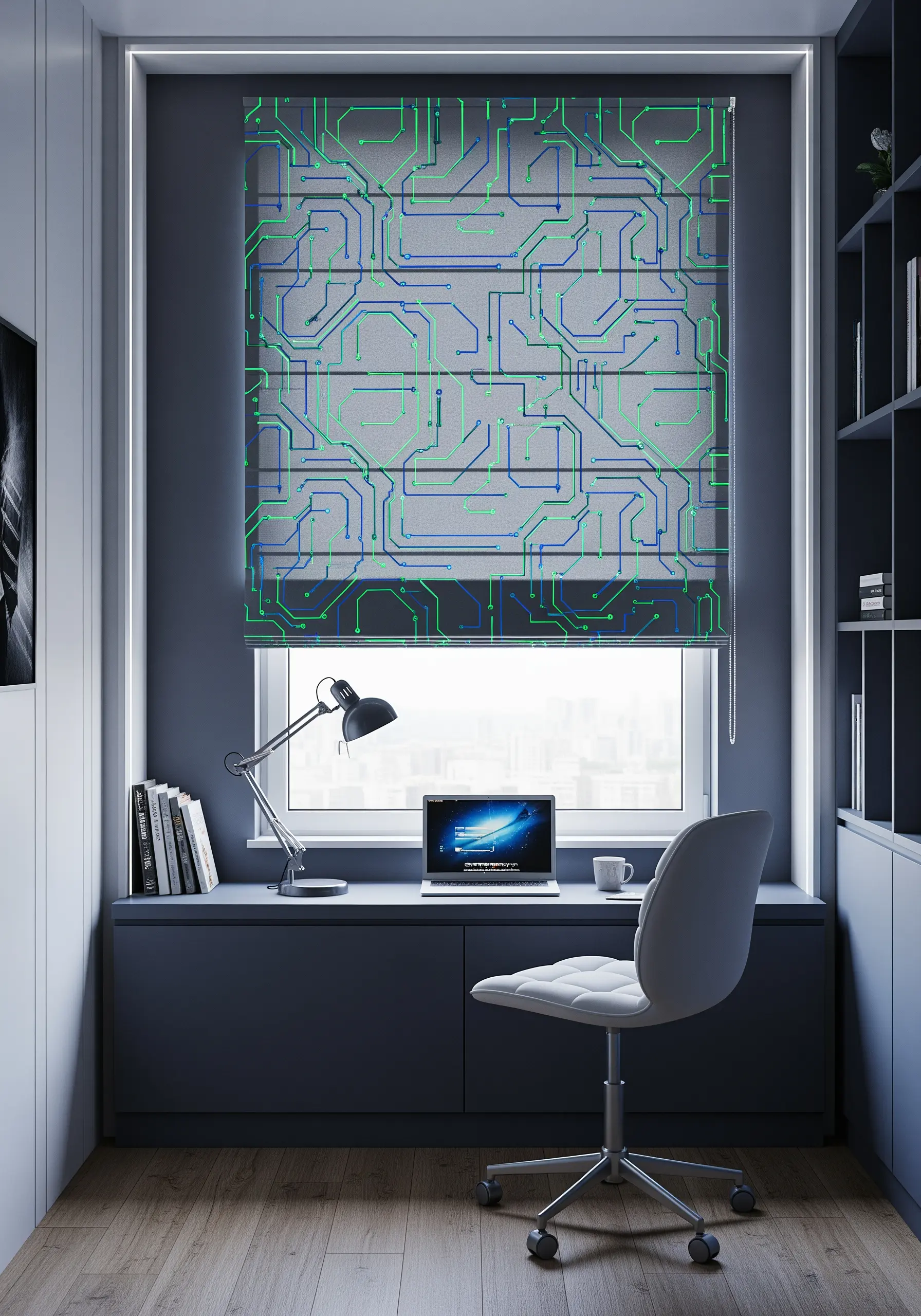 A glowing circuit board pattern embroidered in blue and green on a dark blind.