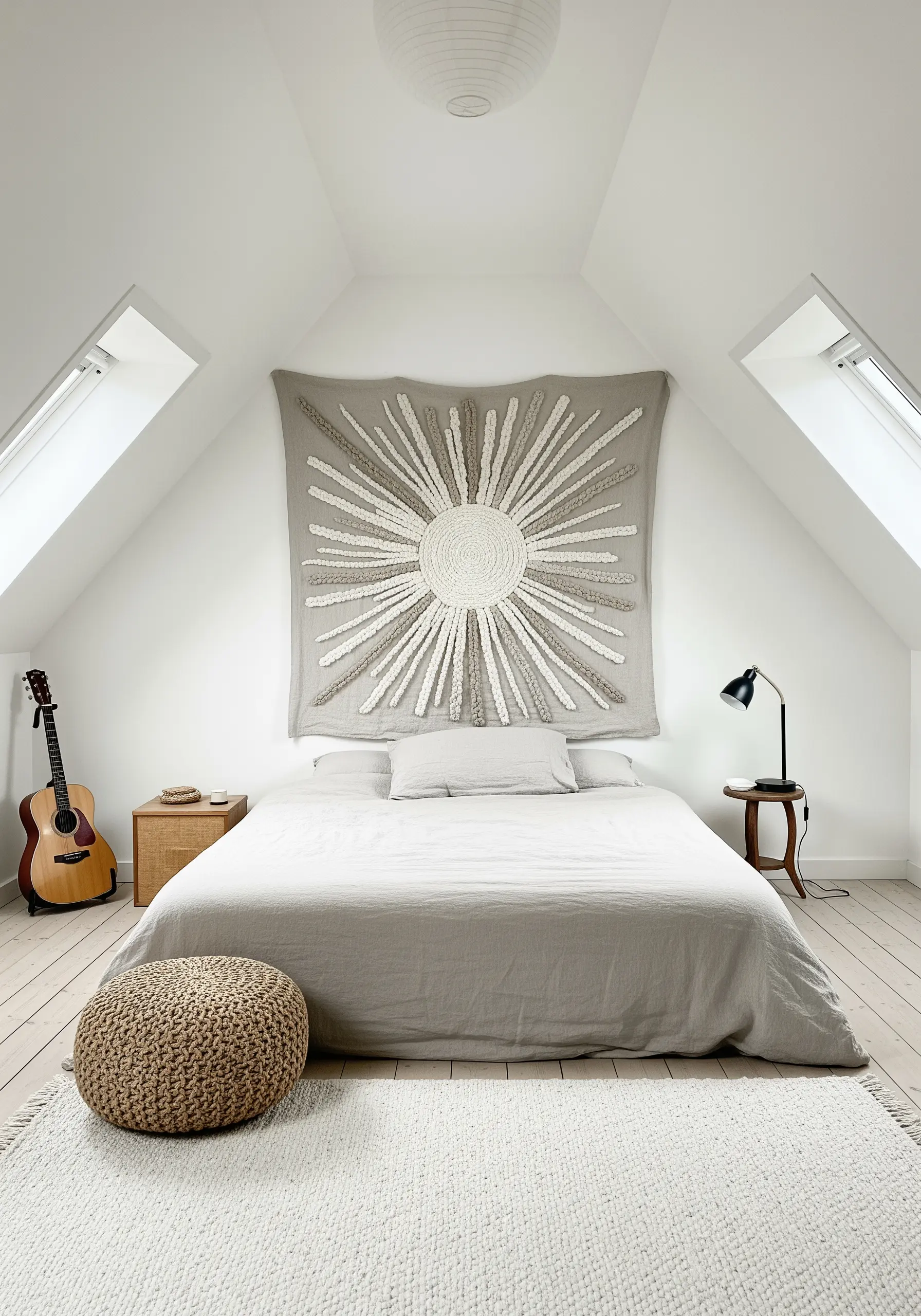 Large sunburst wall tapestry with high-texture appliqué and embroidered details.