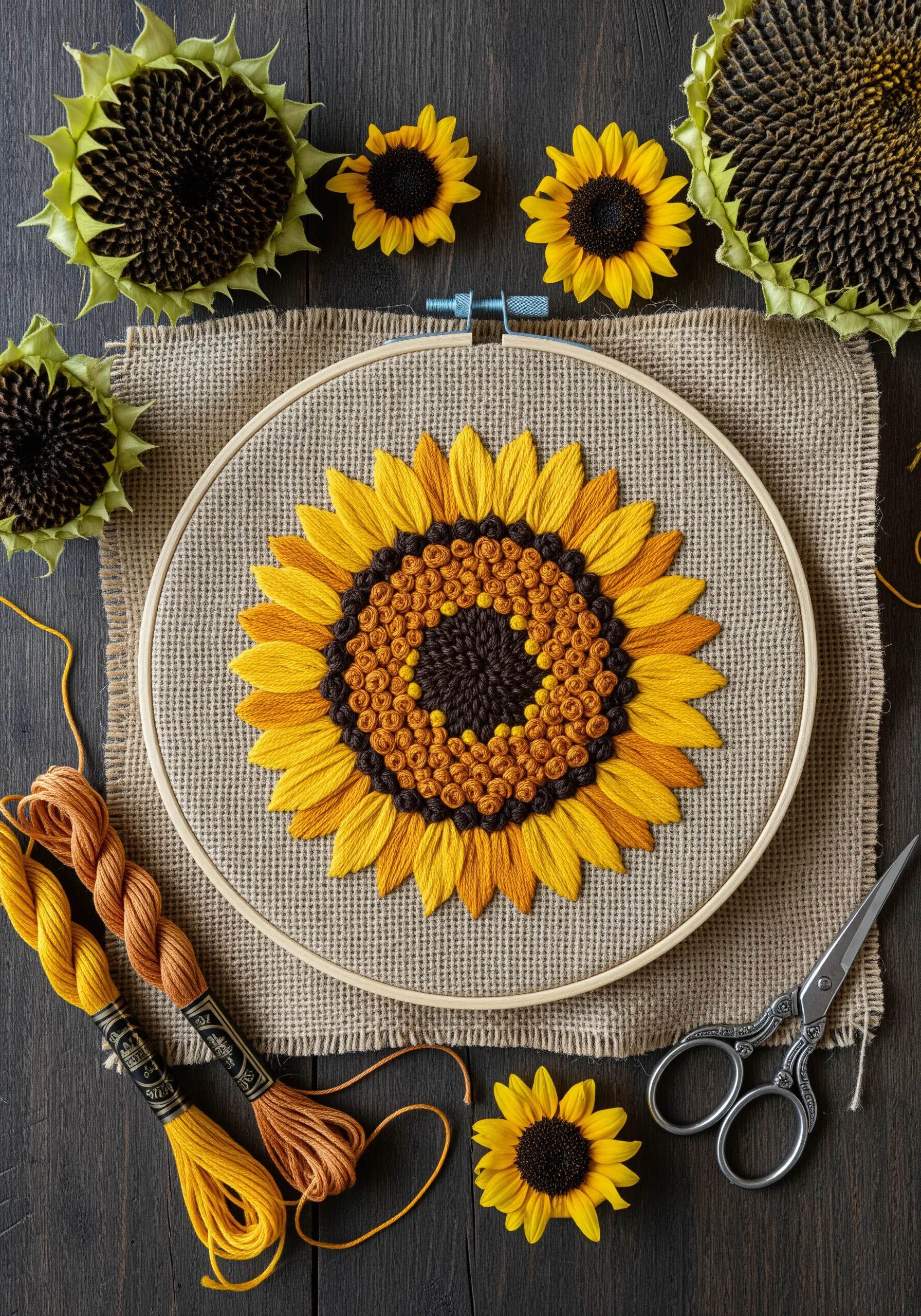 Detailed sunflower embroidery with French knot center and satin stitch petals on burlap fabric.