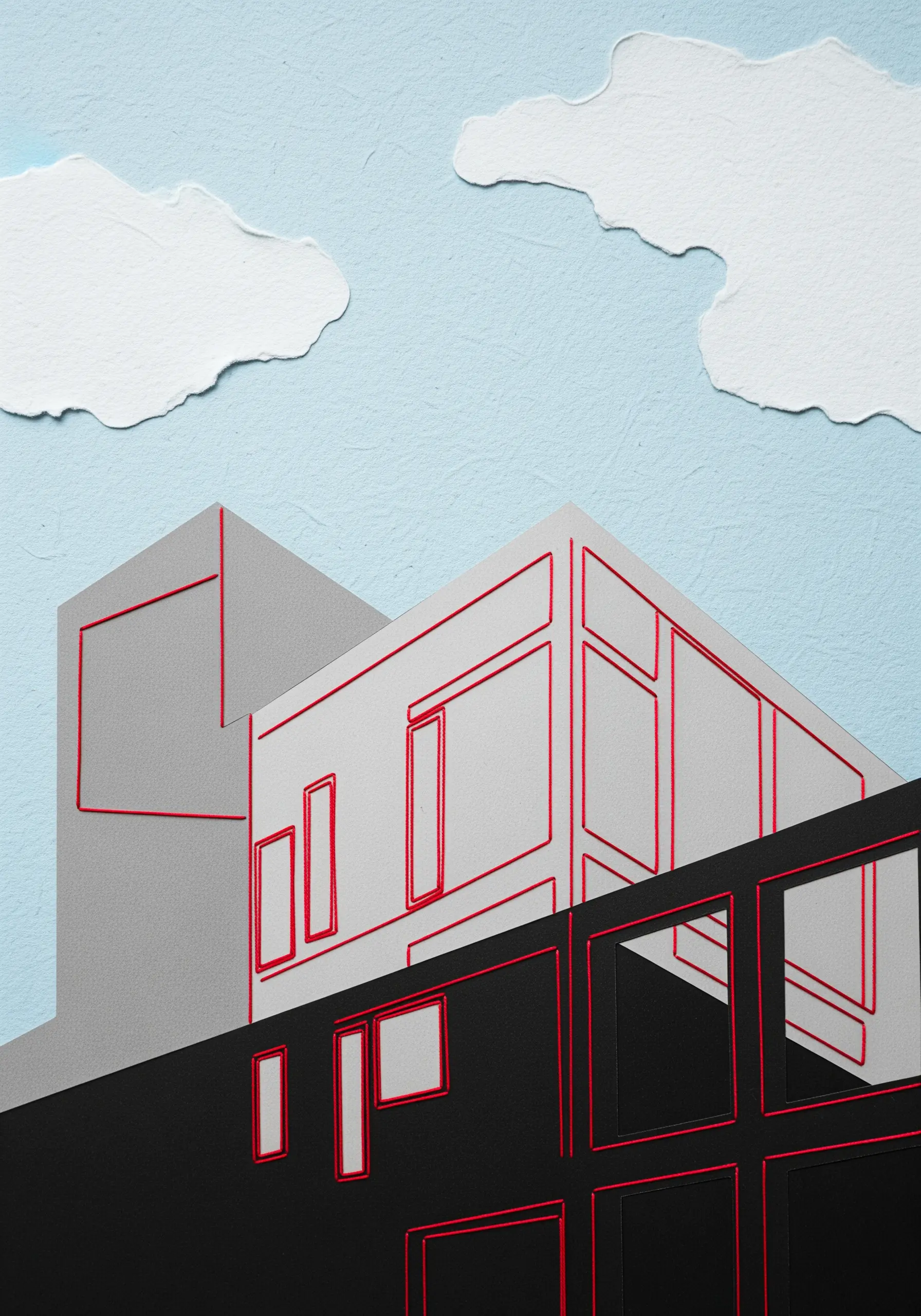 Monochrome architectural paper collage with building details outlined in bright red thread.