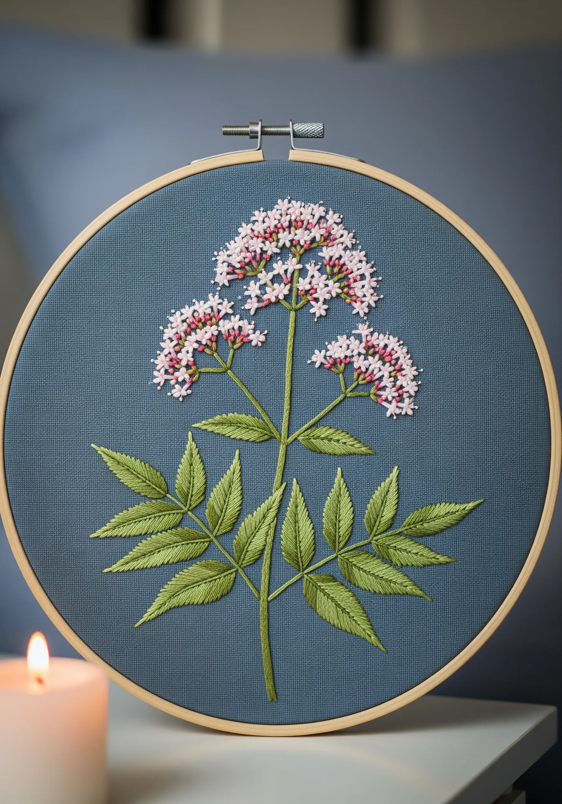 Embroidery of a valerian plant with delicate pink and white flowers on a dark blue-grey fabric.