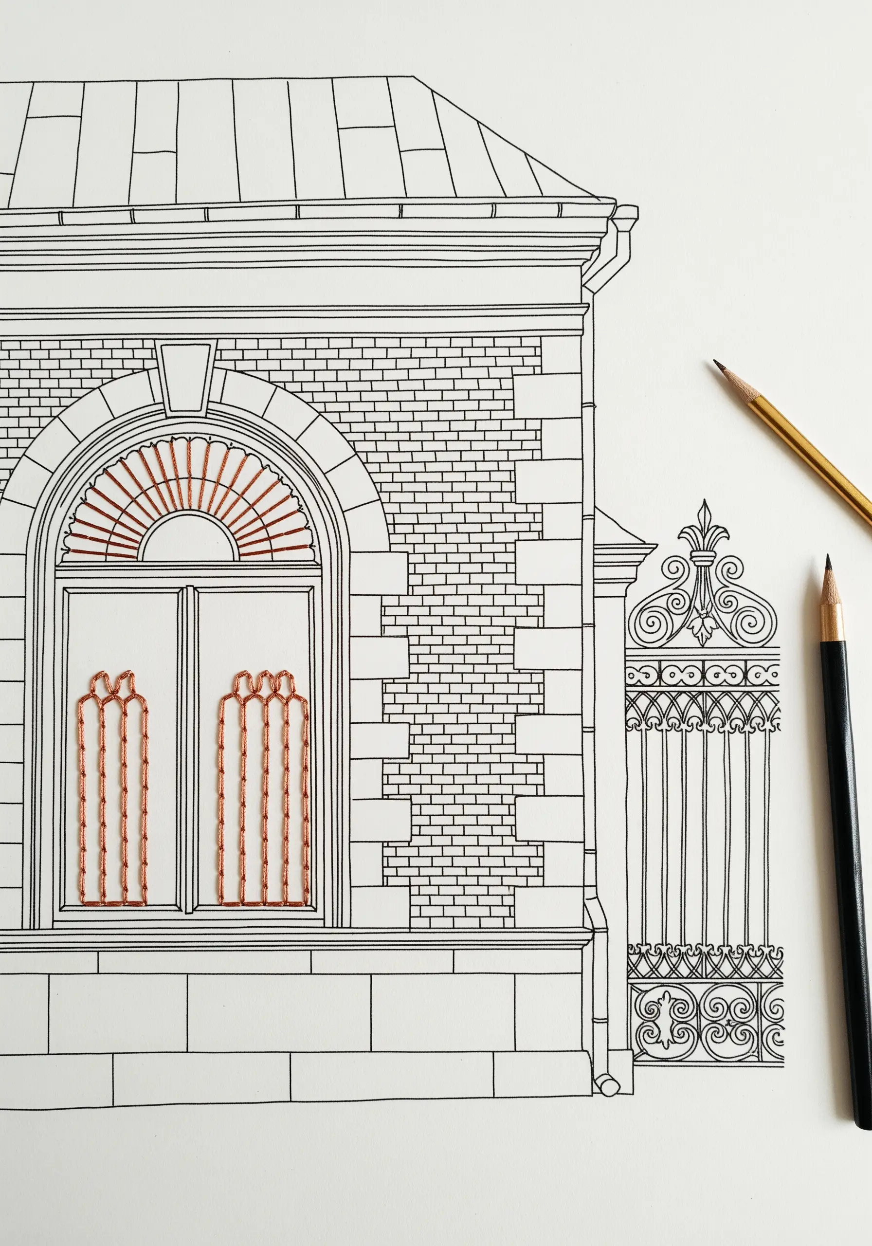An architectural line drawing of a building with the windows filled in with copper-colored satin stitch.