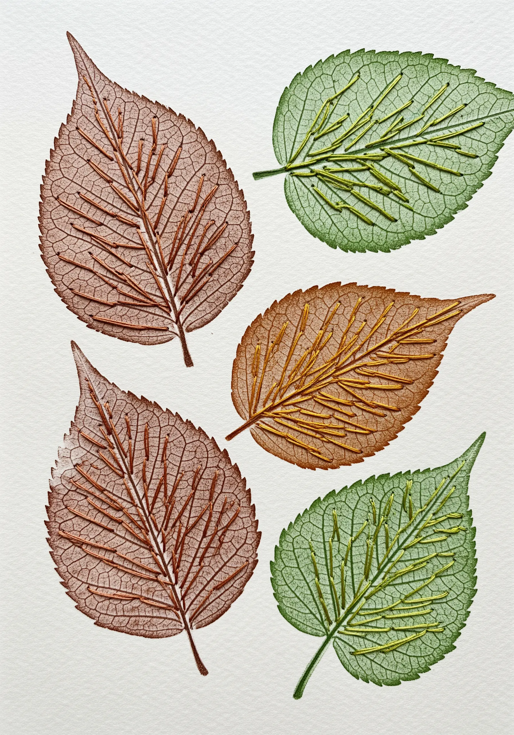 Skeleton leaves with their veins emphasized by long, straight embroidery stitches.