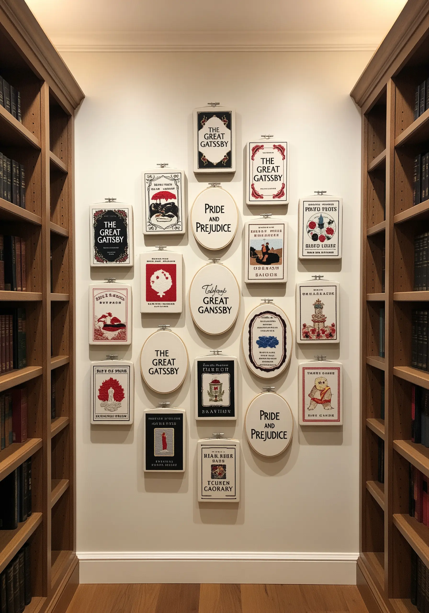 A library nook with a gallery wall of embroidered hoops depicting classic book covers.