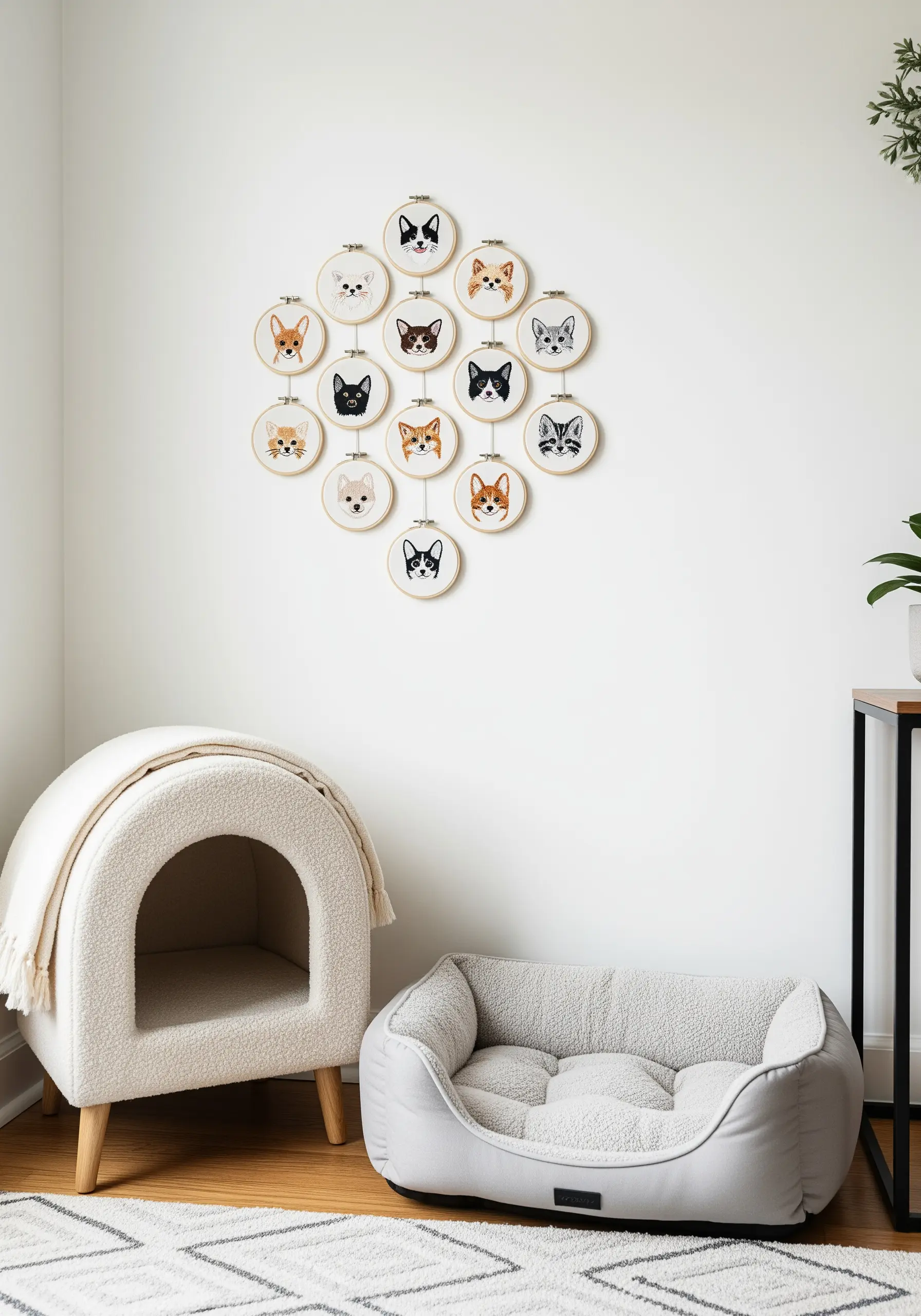 A cluster of embroidery hoops featuring minimalist portraits of different cats and dogs.