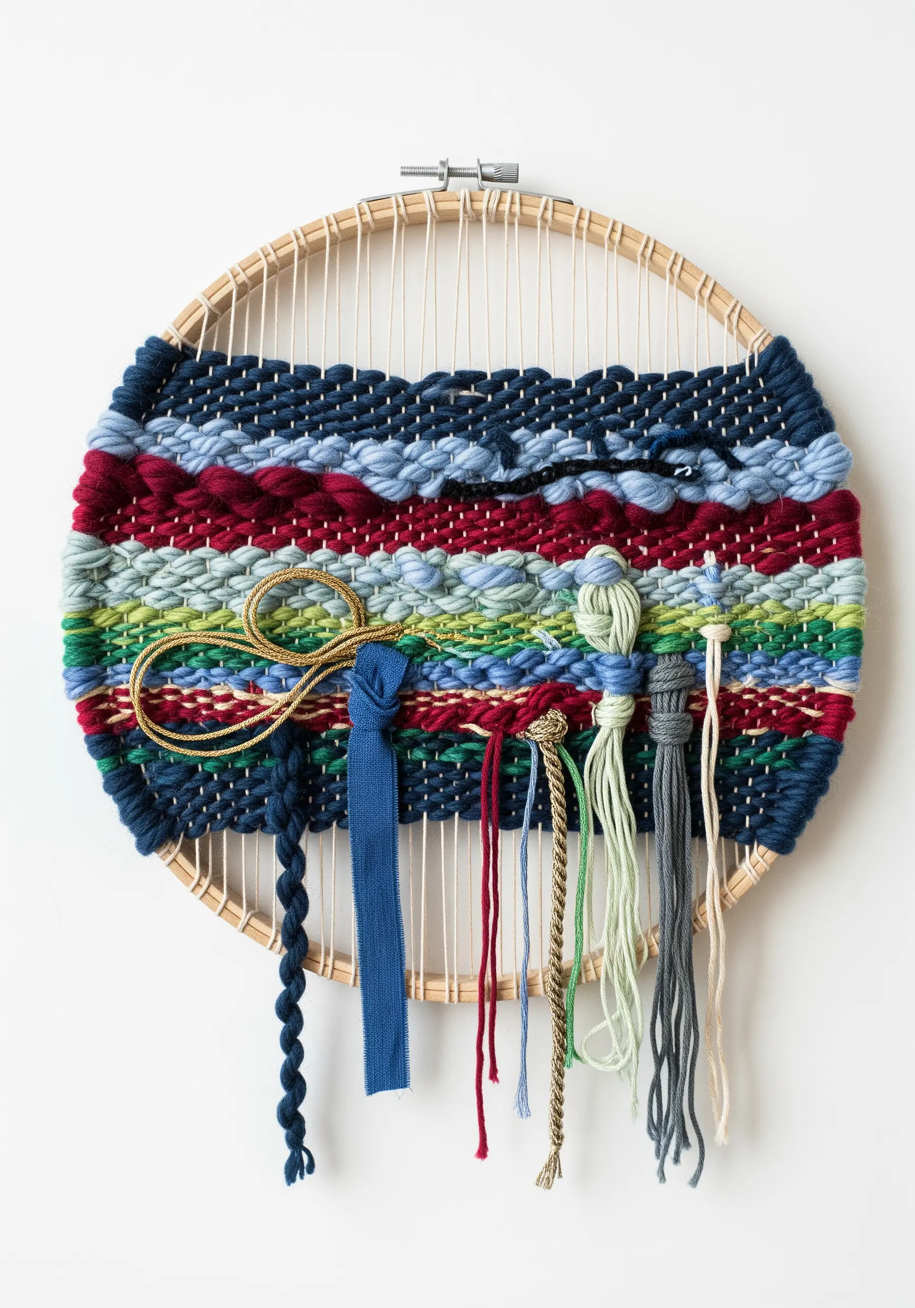 A woven wall hanging made within an embroidery hoop, featuring tassels and mixed yarns.