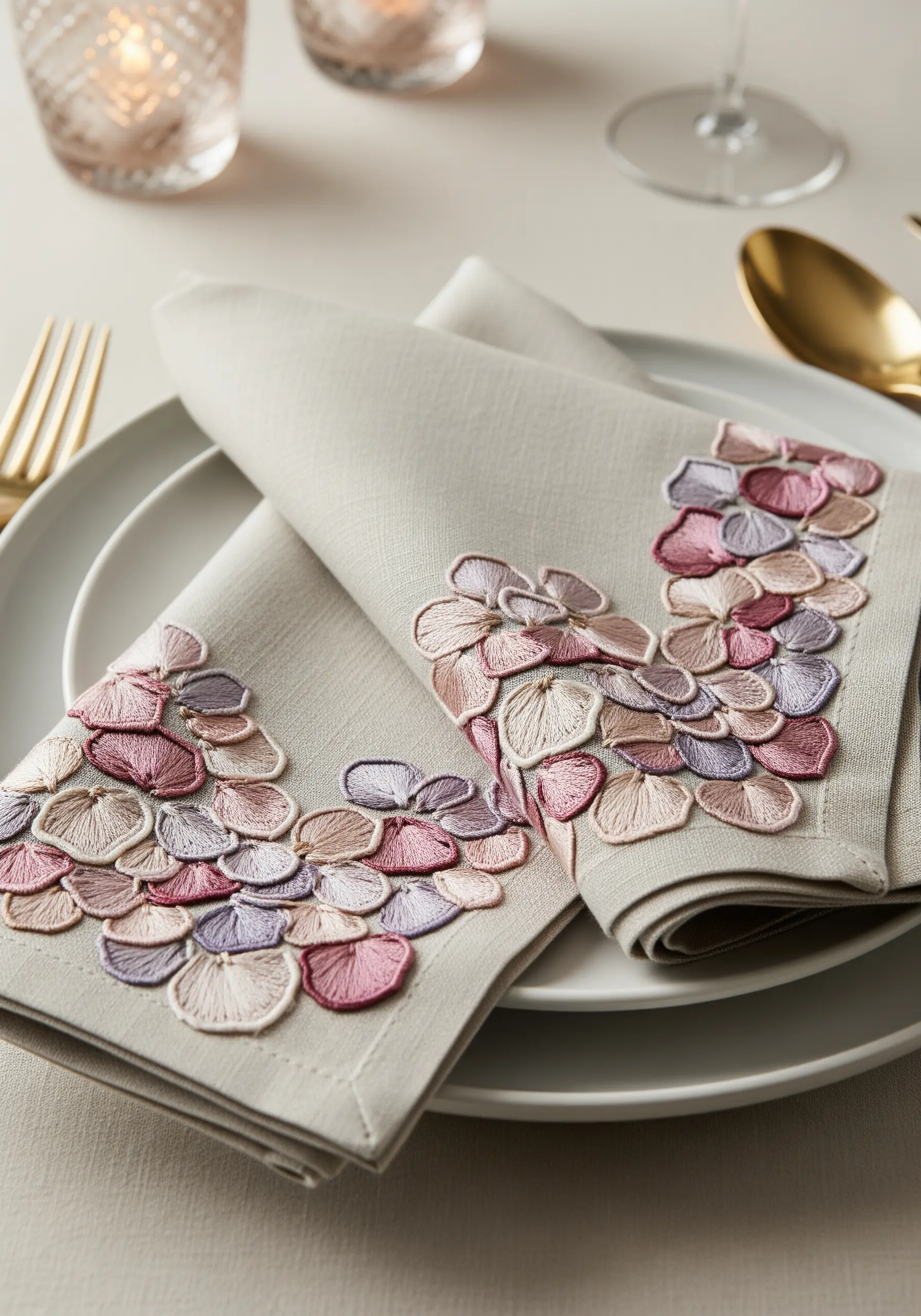 Linen napkins with corners embroidered in pink, purple, and white hydrangea petals using long-and-short stitch.