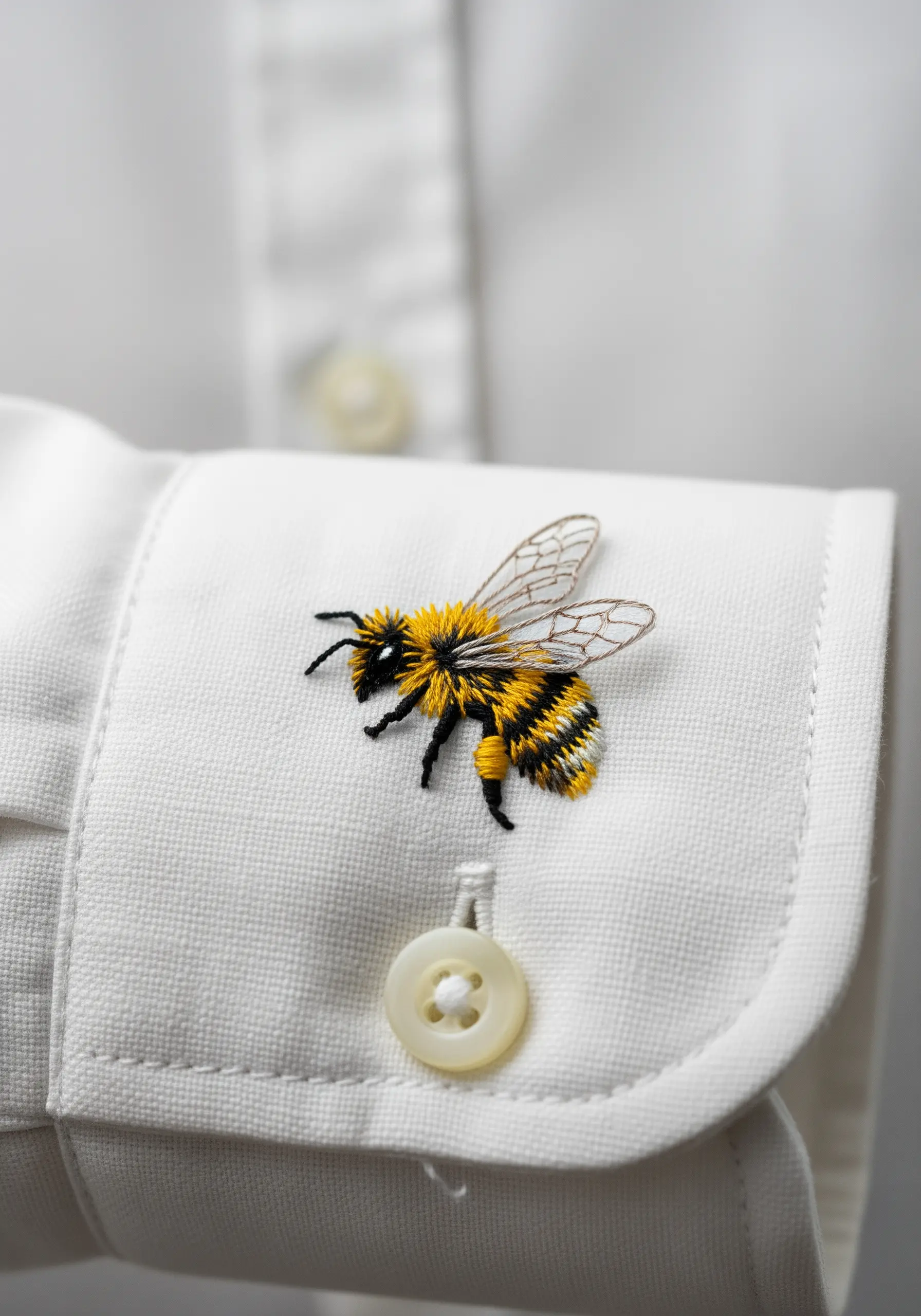 A realistic honeybee with fuzzy body and sheer wings embroidered on a white shirt cuff.