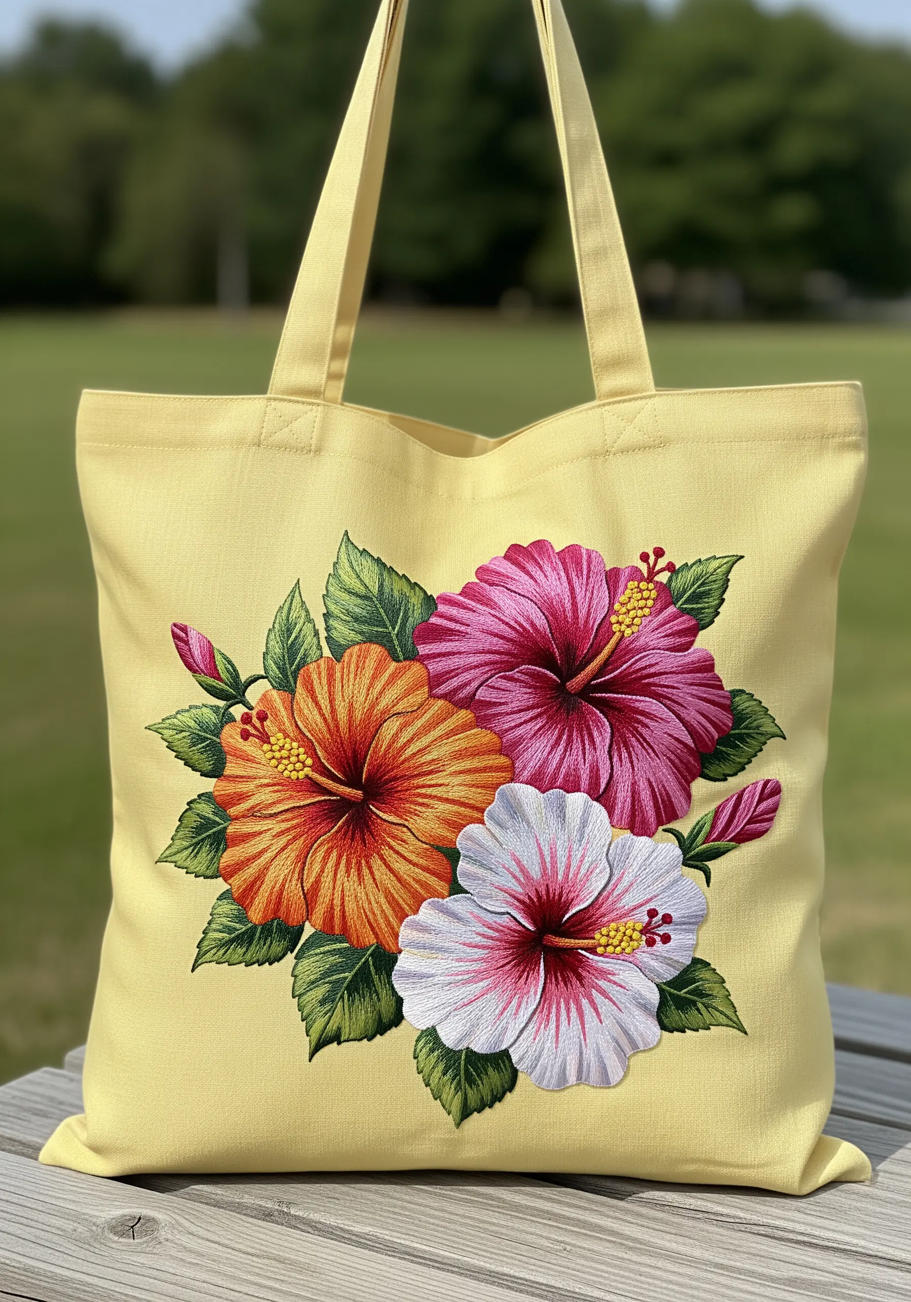 A trio of vibrant, realistically thread-painted hibiscus flowers on a yellow tote bag.