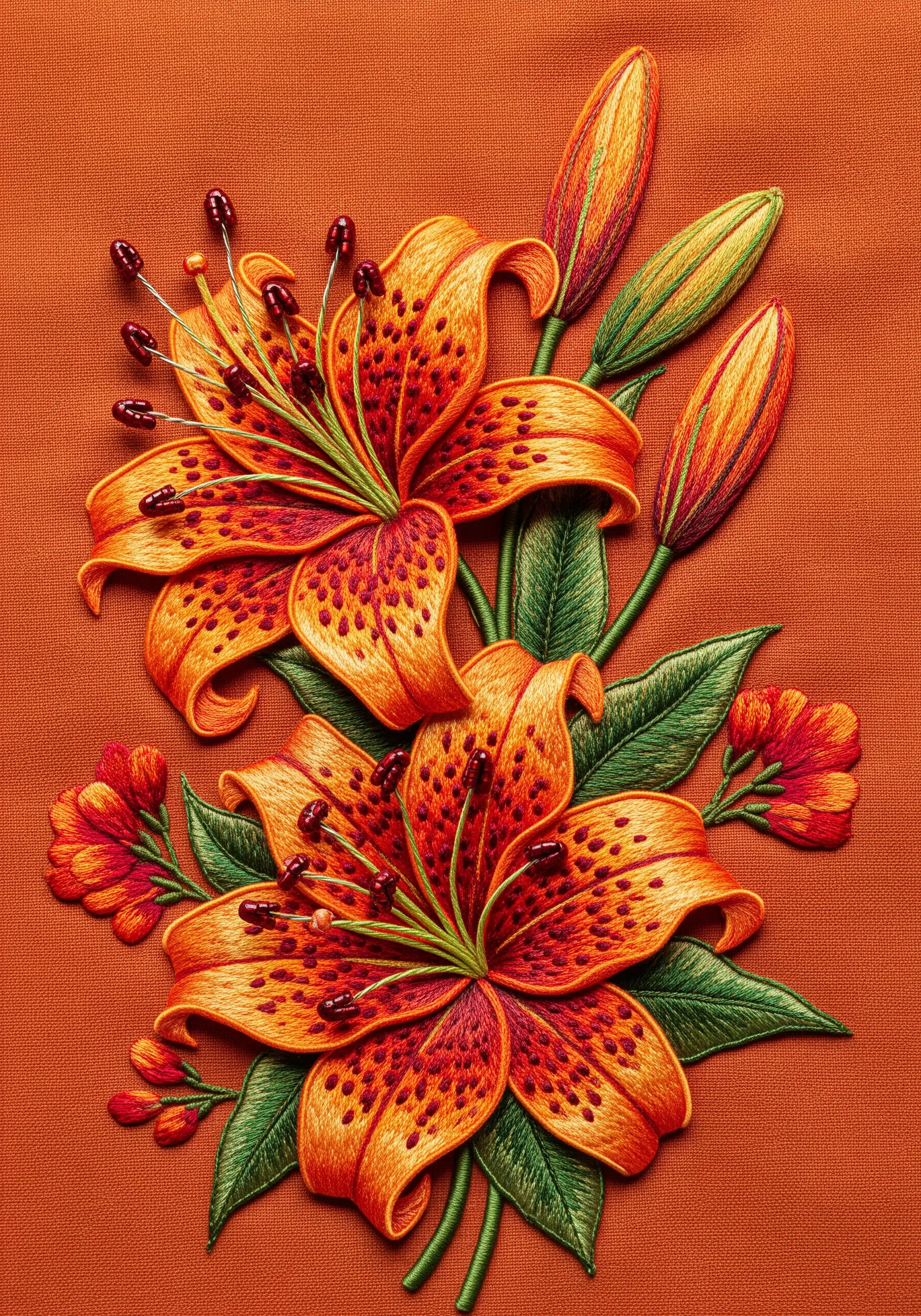 Two incredibly realistic orange tiger lilies with spots, embroidered using thread painting techniques.