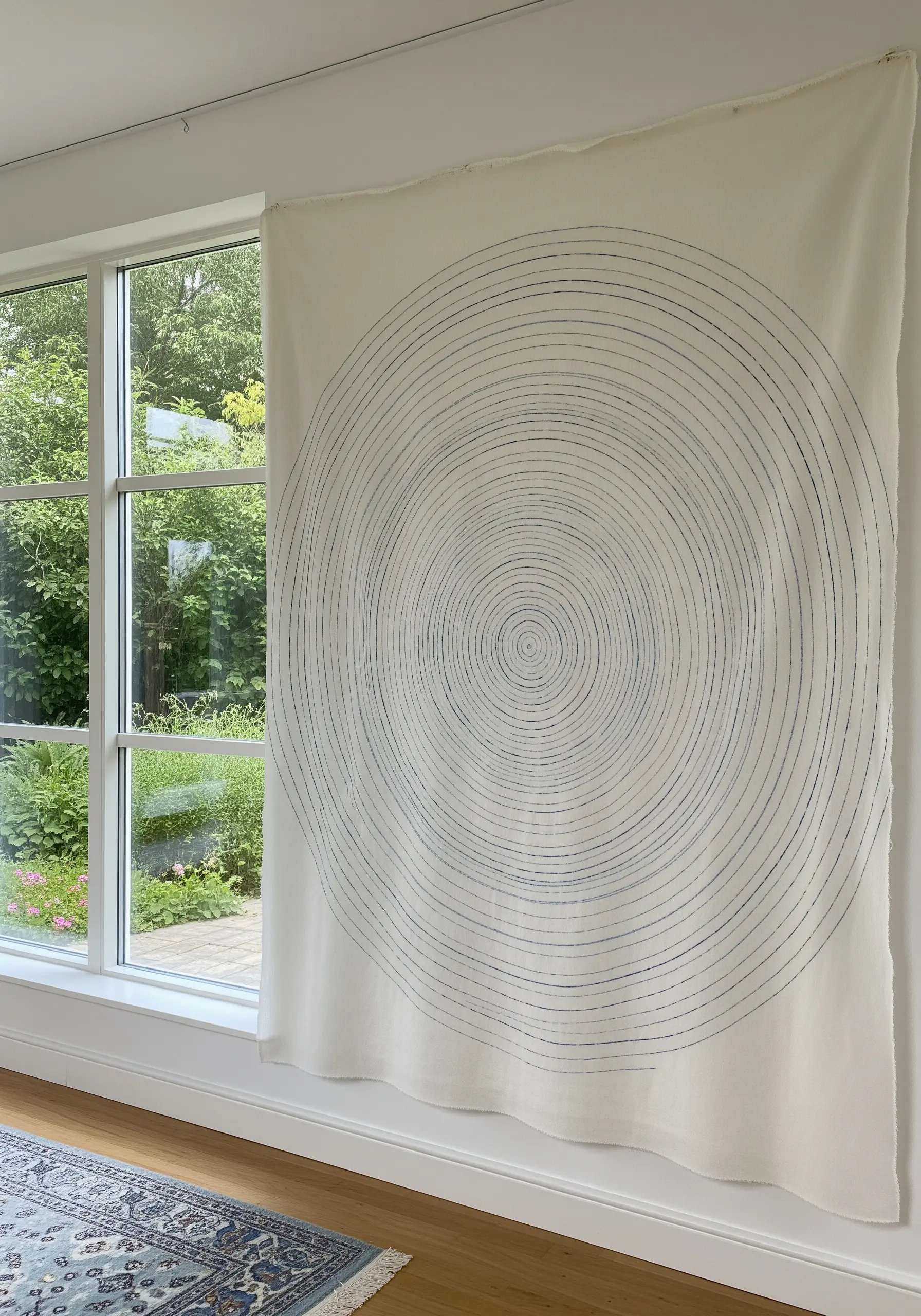 A large, raw-edged piece of white fabric with hand-stitched concentric blue circles.