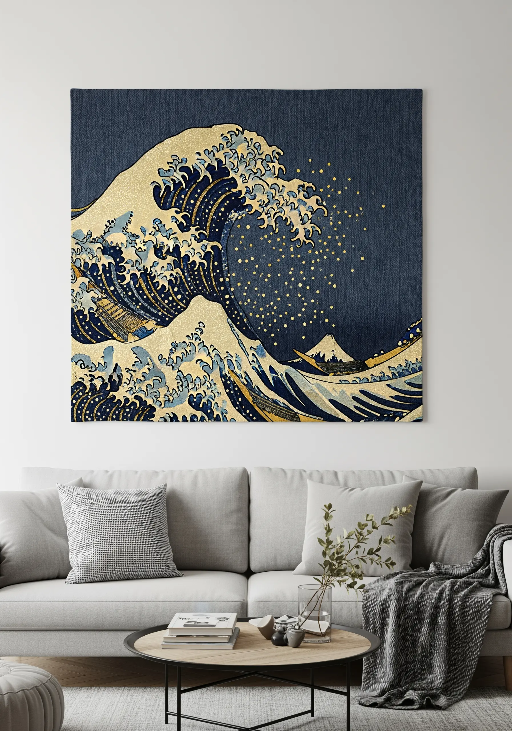 Embroidered adaptation of 'The Great Wave' with gold thread accents on dark blue fabric.