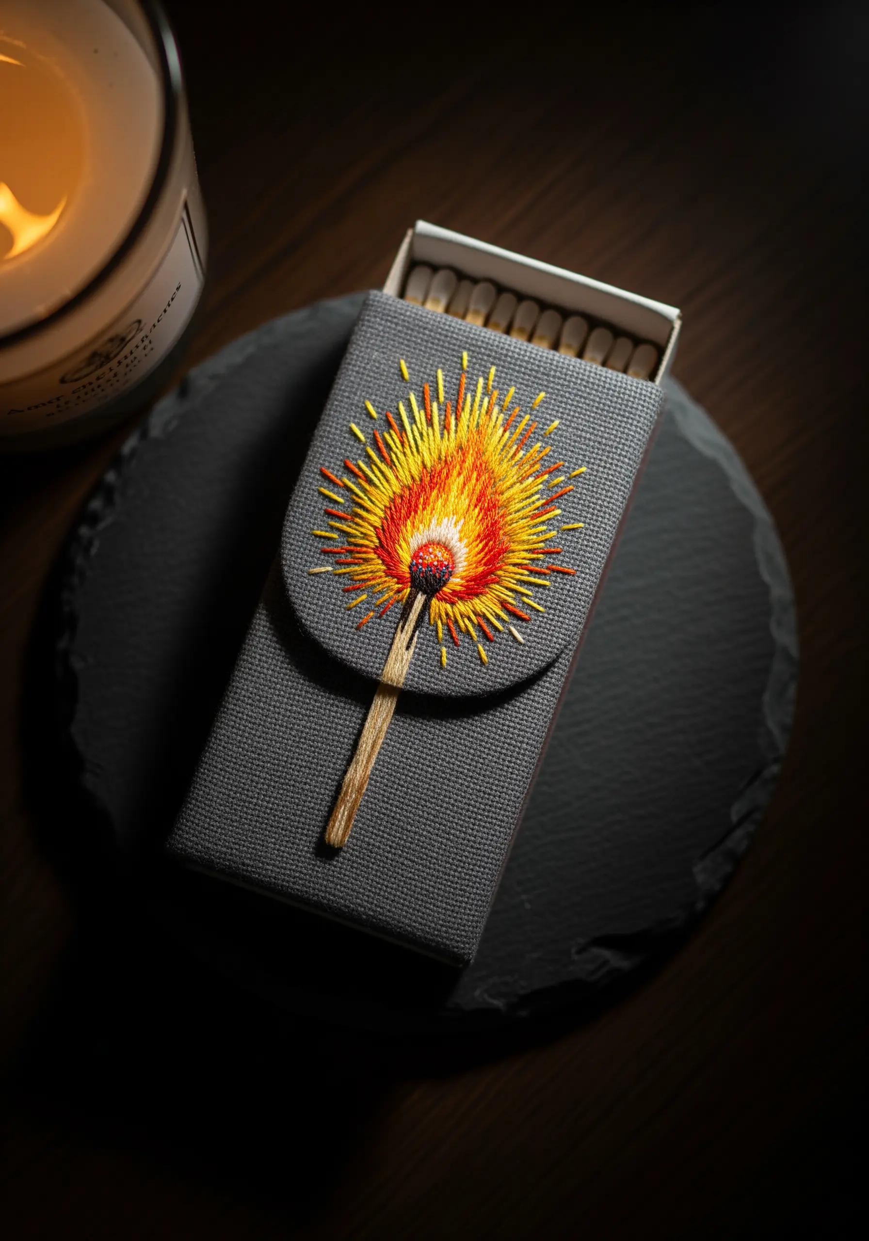 An embroidered matchbox cover with a design of a single lit matchstick and flame