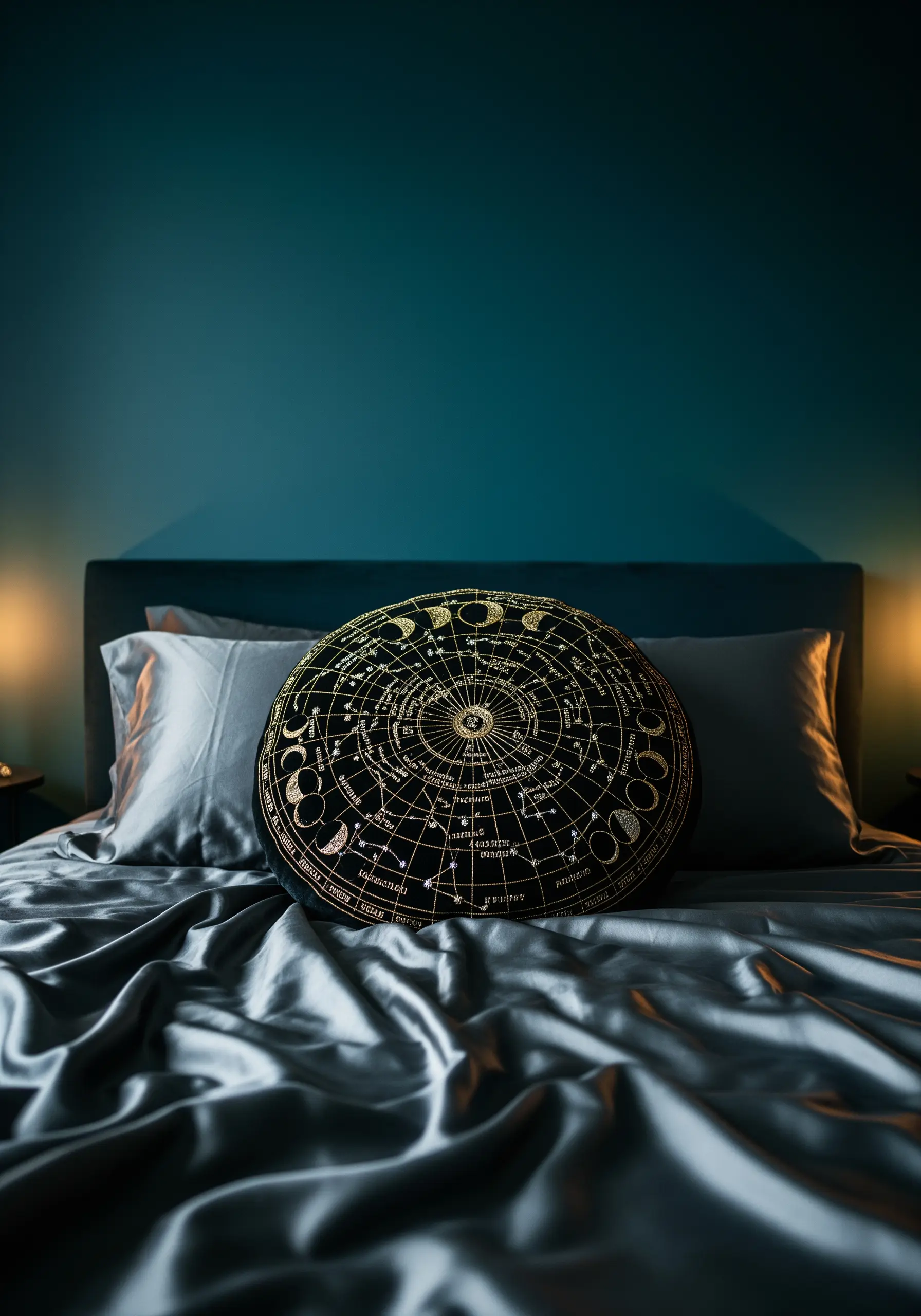 A round black pillow with a detailed celestial map embroidered in gold metallic thread.