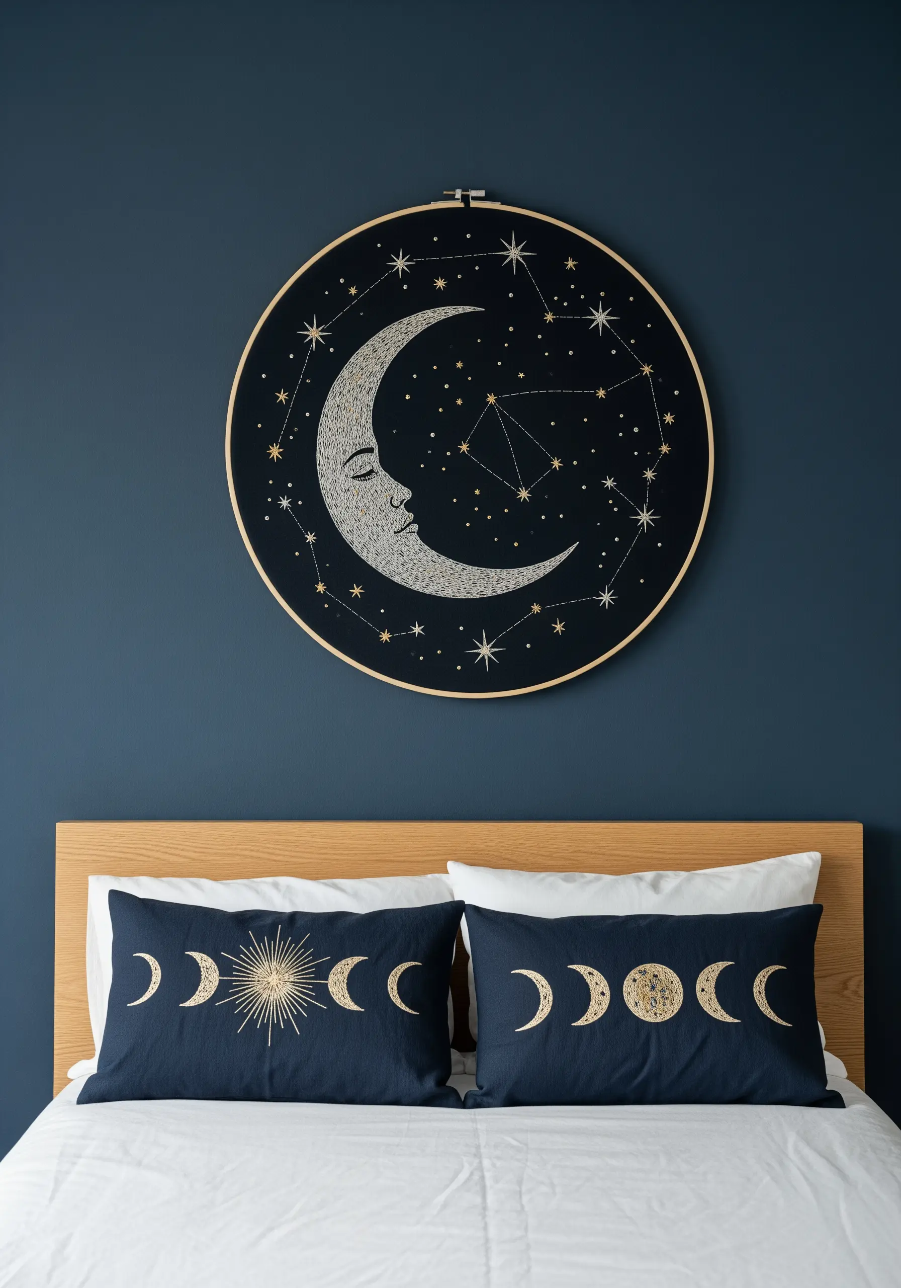 Large embroidery hoop with a celestial moon and stars stitched on dark blue fabric.