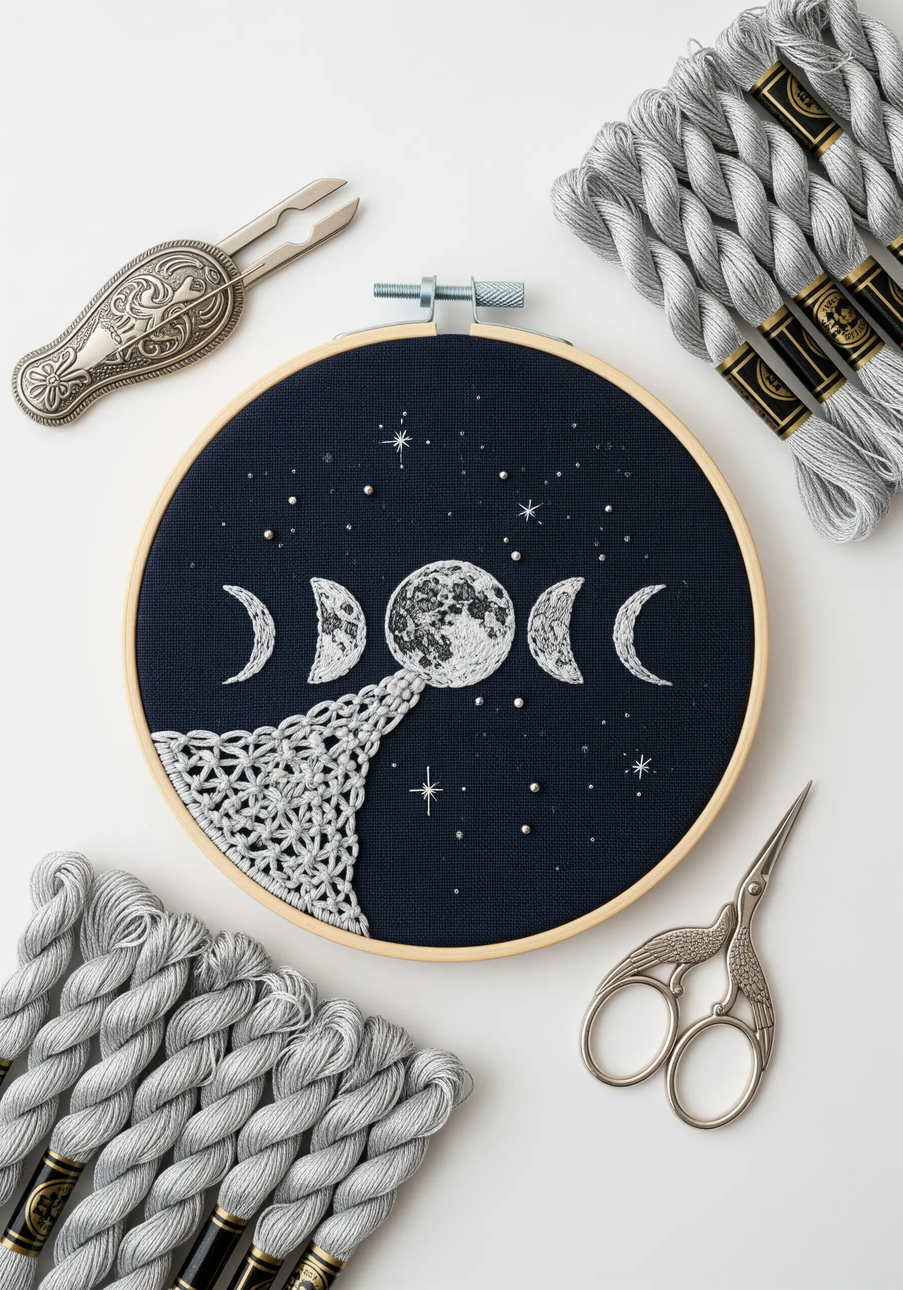 Moon phase embroidery on dark navy fabric using silver and white thread.
