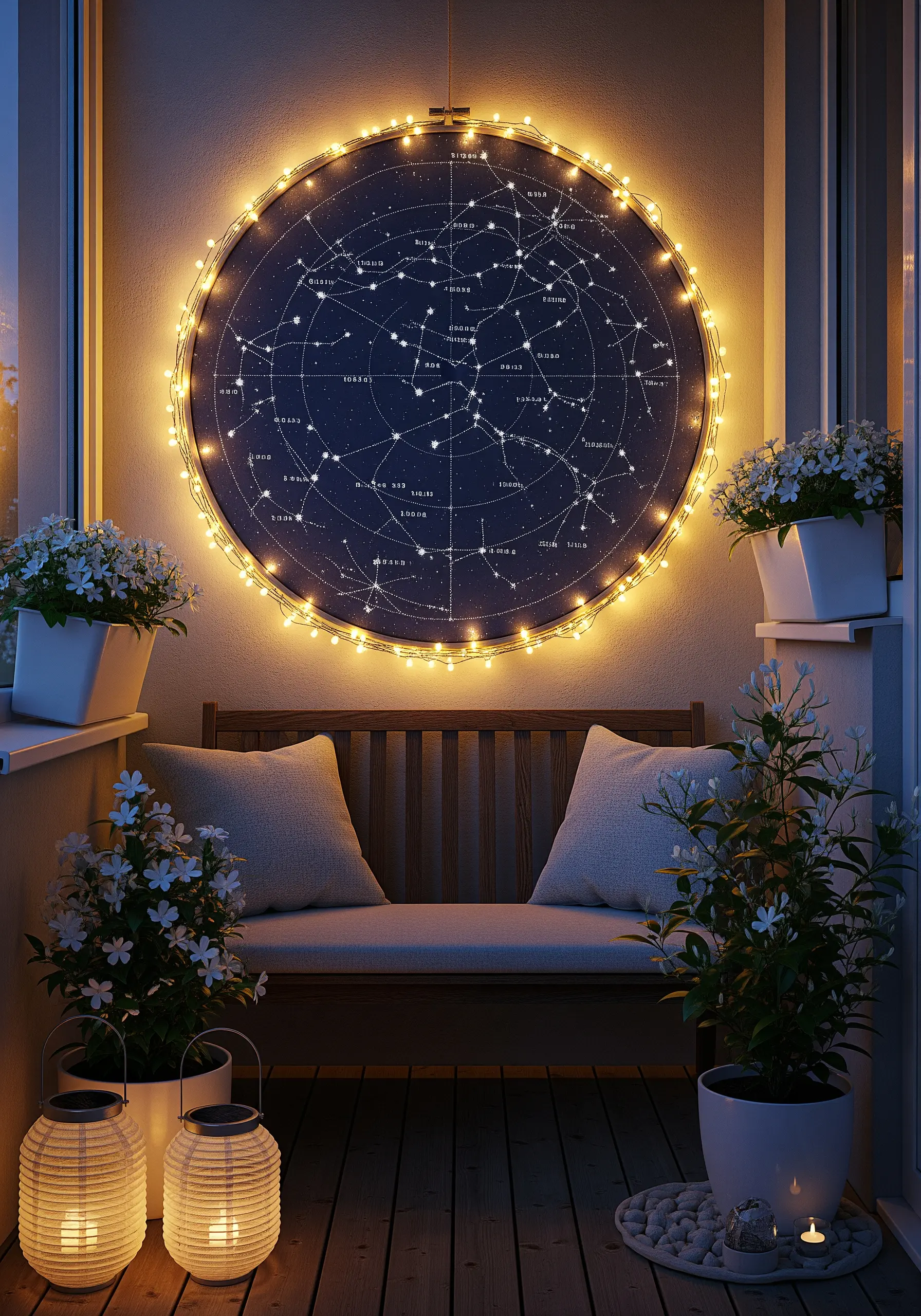 A large embroidery hoop with a constellation map stitched in white on dark fabric, lit by fairy lights.