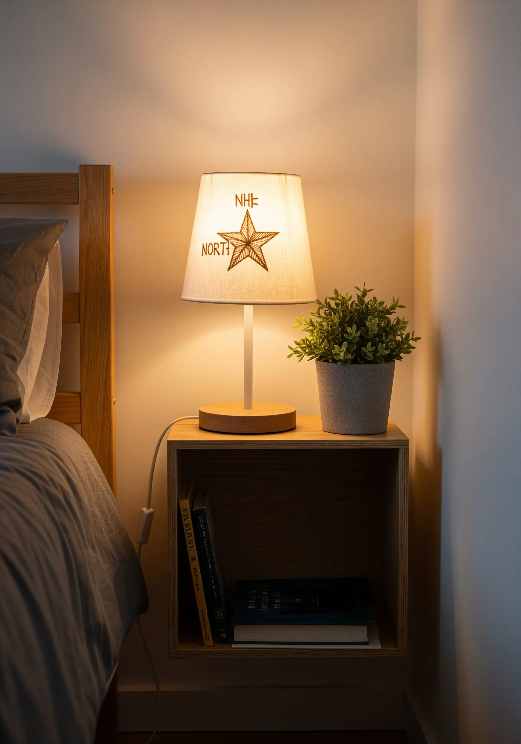 A simple star and text motif embroidered onto a cream-colored fabric lampshade.