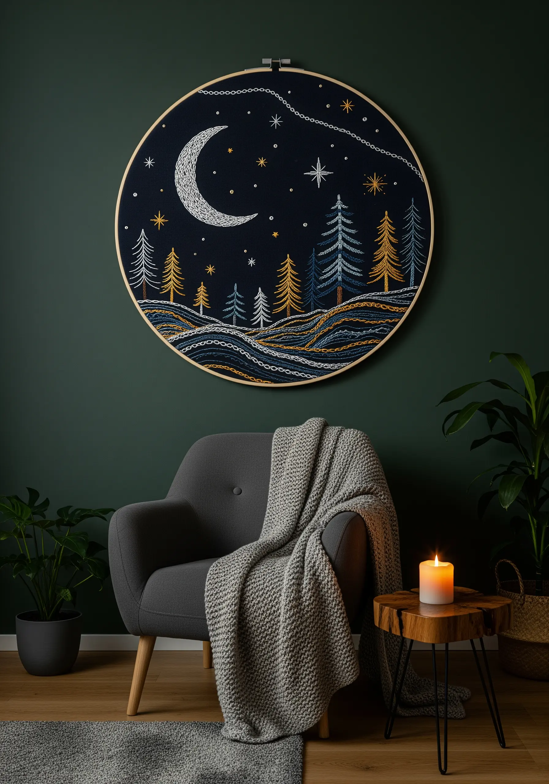 A large embroidery hoop with a night sky, moon, and stylized forest on dark fabric.