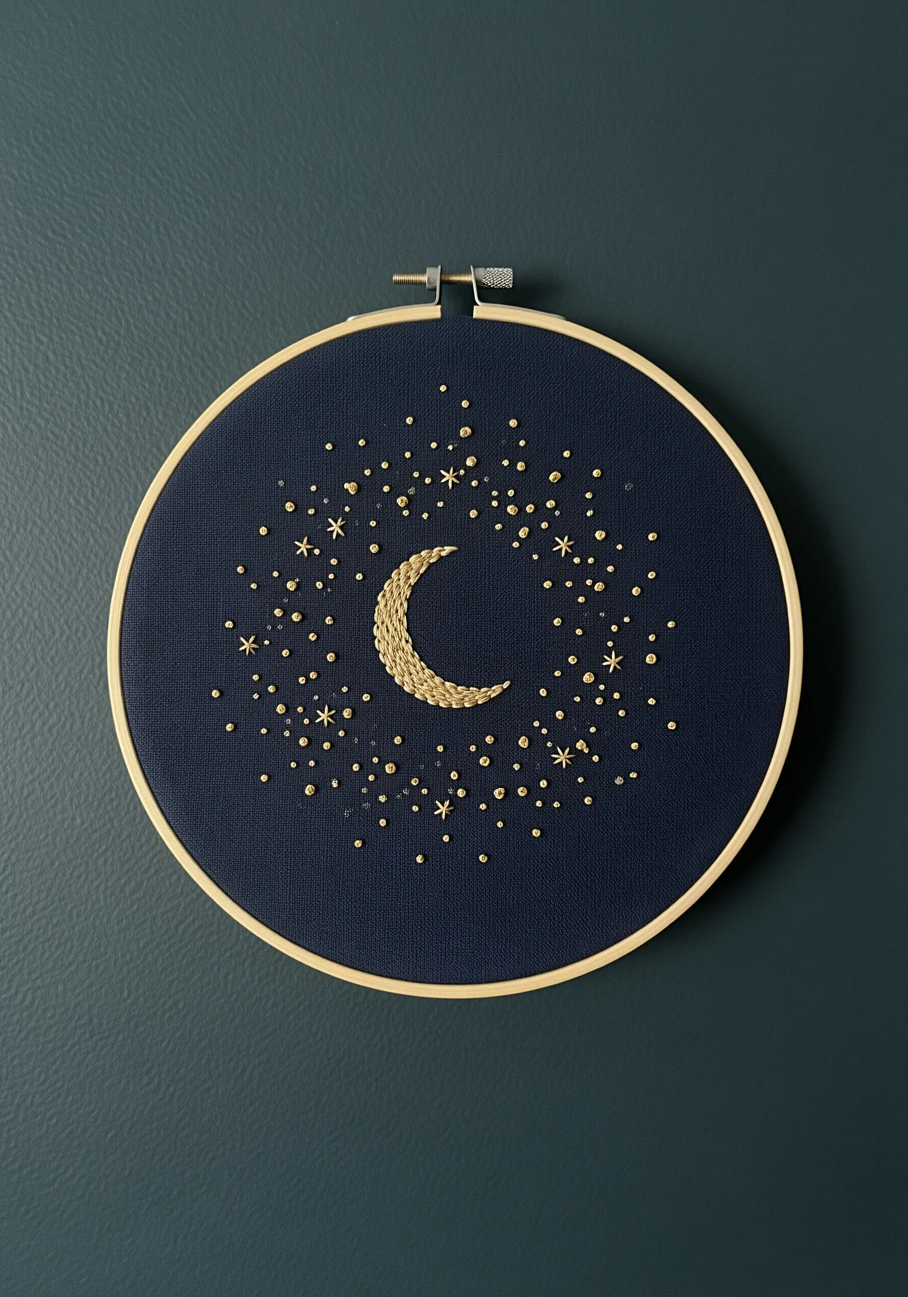 Gold metallic thread embroidery of a crescent moon and stars on dark navy fabric.