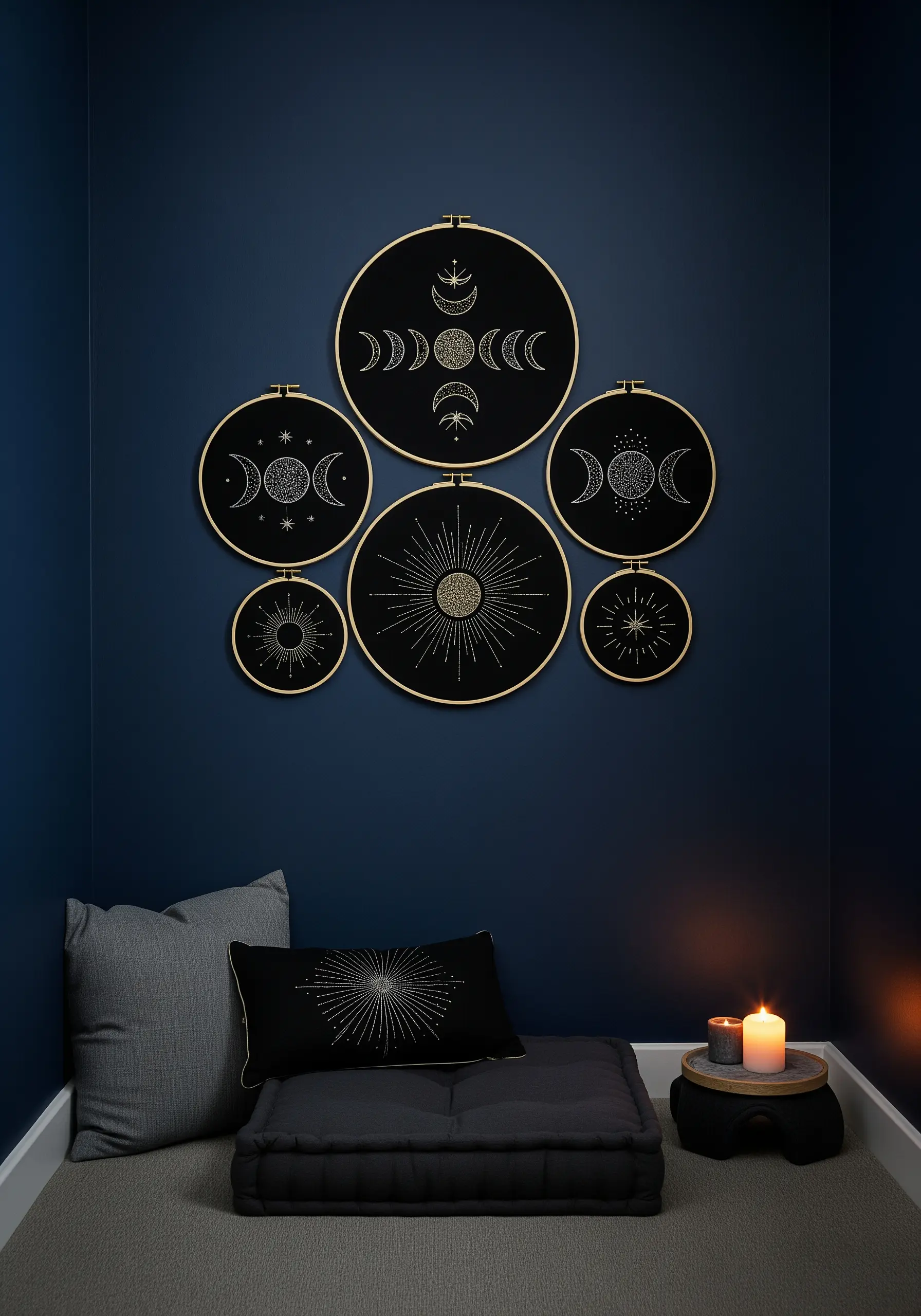 A gallery wall of celestial moon phase embroidery hoops stitched in gold on black fabric.