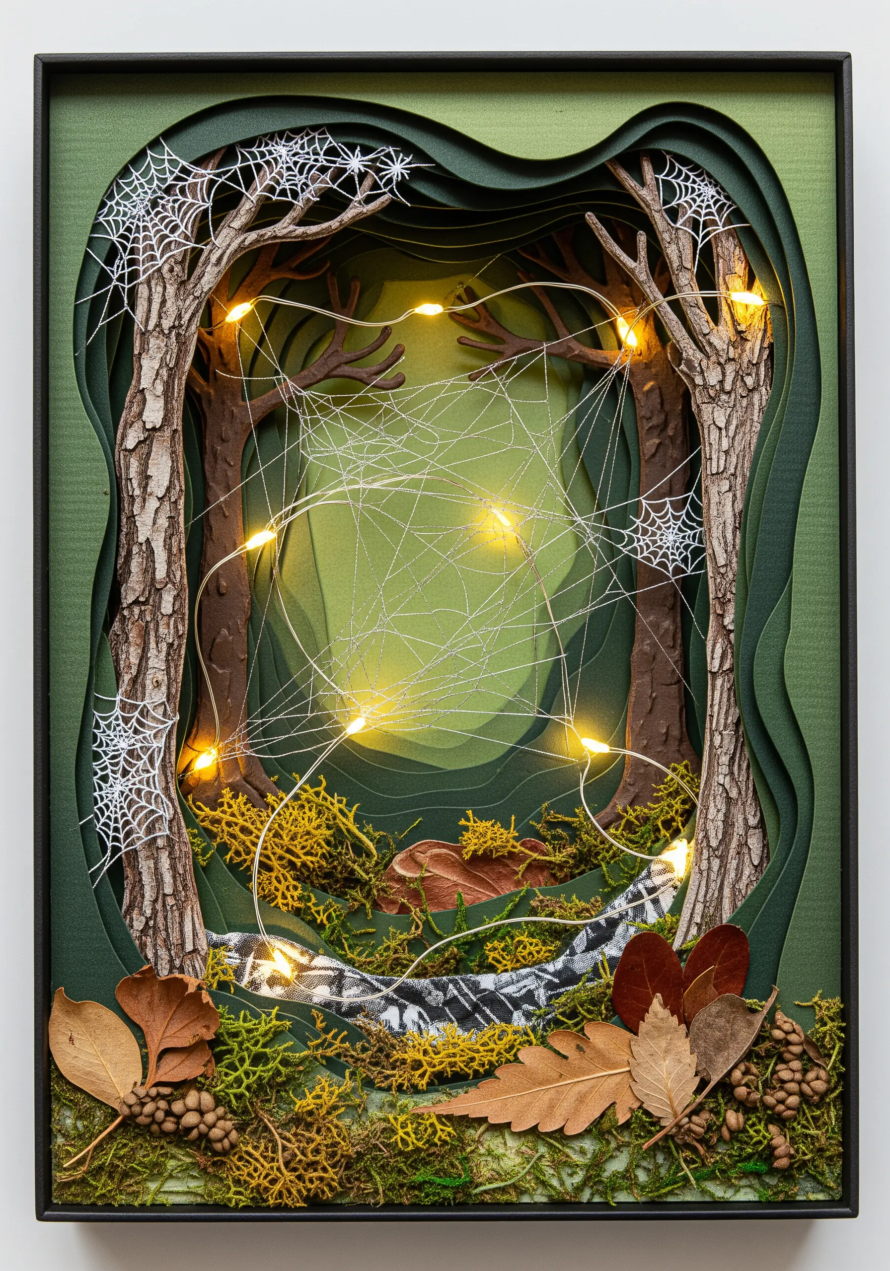 A 3D paper diorama of a forest, with thread spiderwebs and embedded fairy lights.