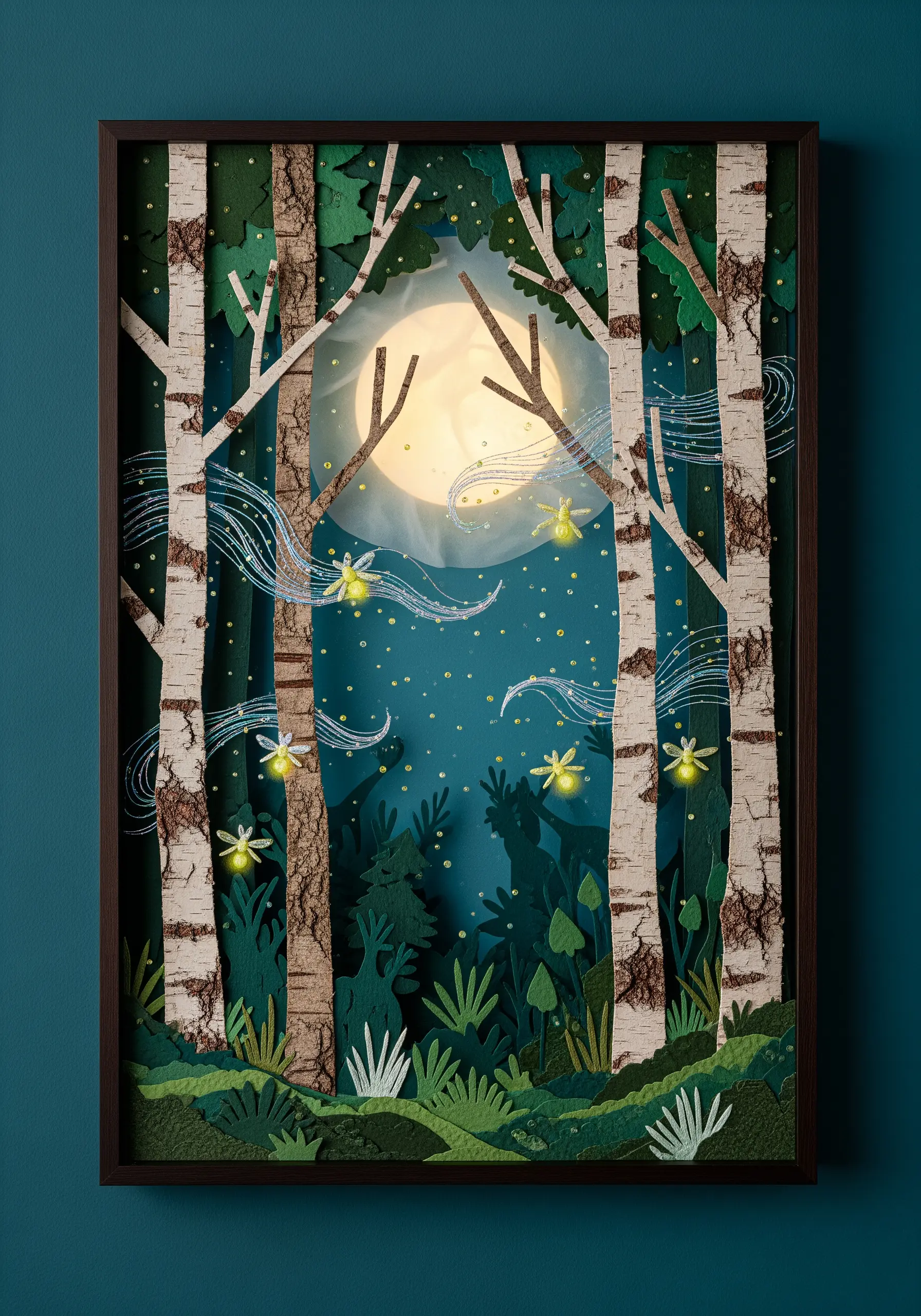 A layered paper diorama of a forest at night with shimmering threads representing firefly trails.
