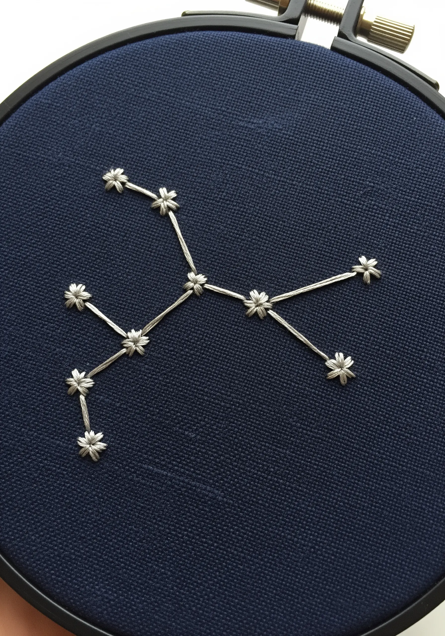 A constellation embroidered with silver thread on dark navy fabric.
