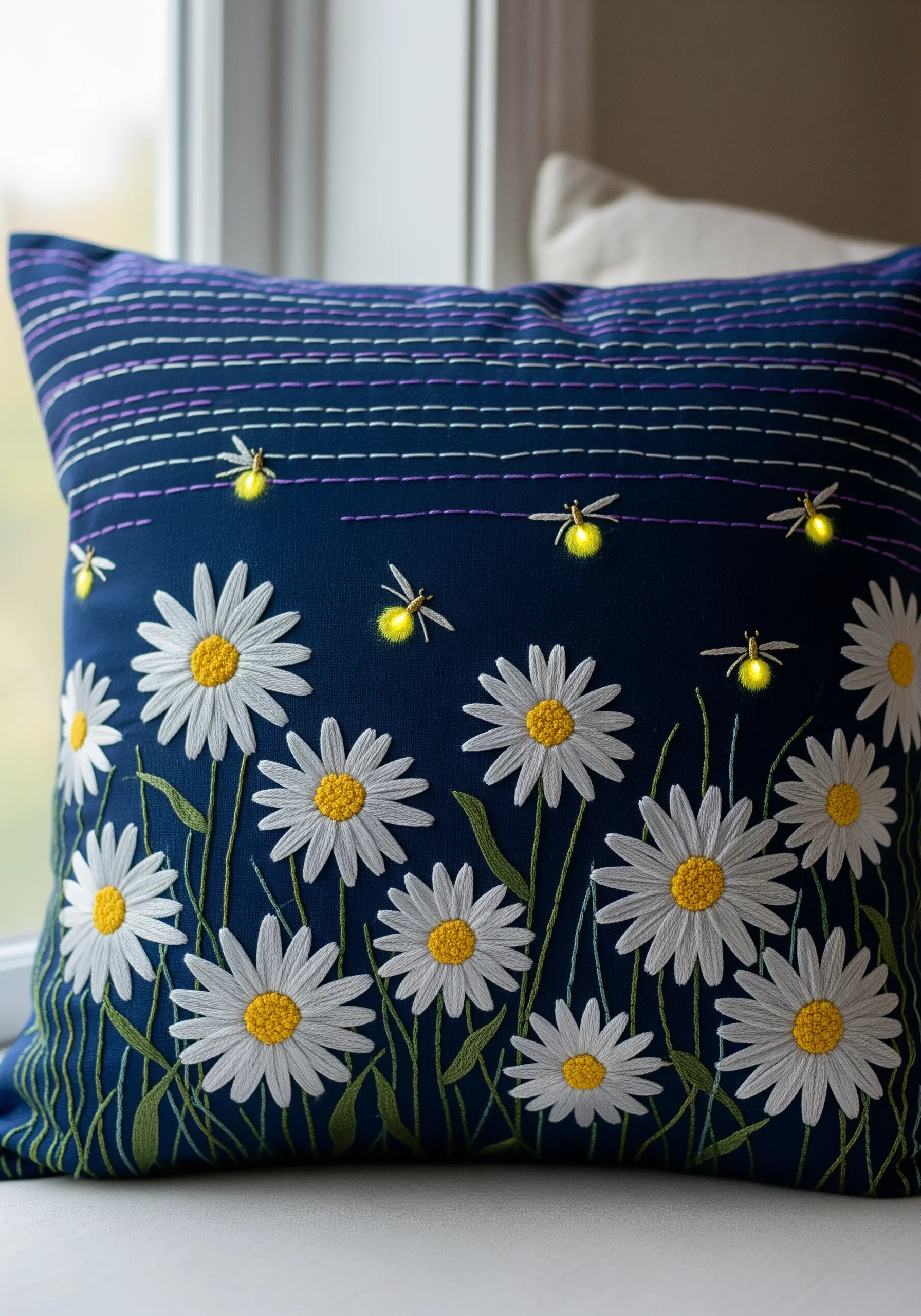 White daisies and glowing fireflies embroidered on a dark blue pillow.