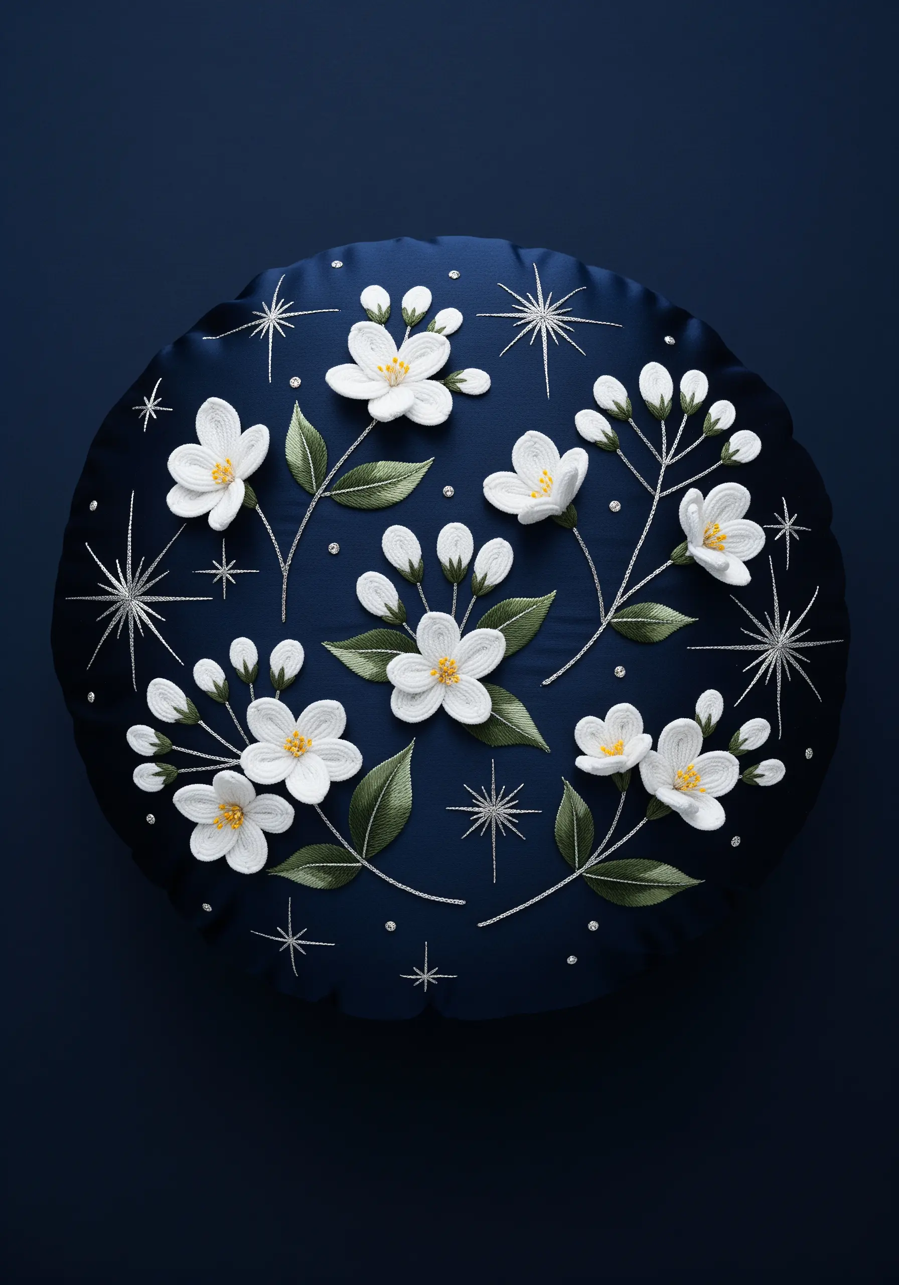 Raised white stumpwork flowers with metallic silver details on a dark navy blue satin cushion.
