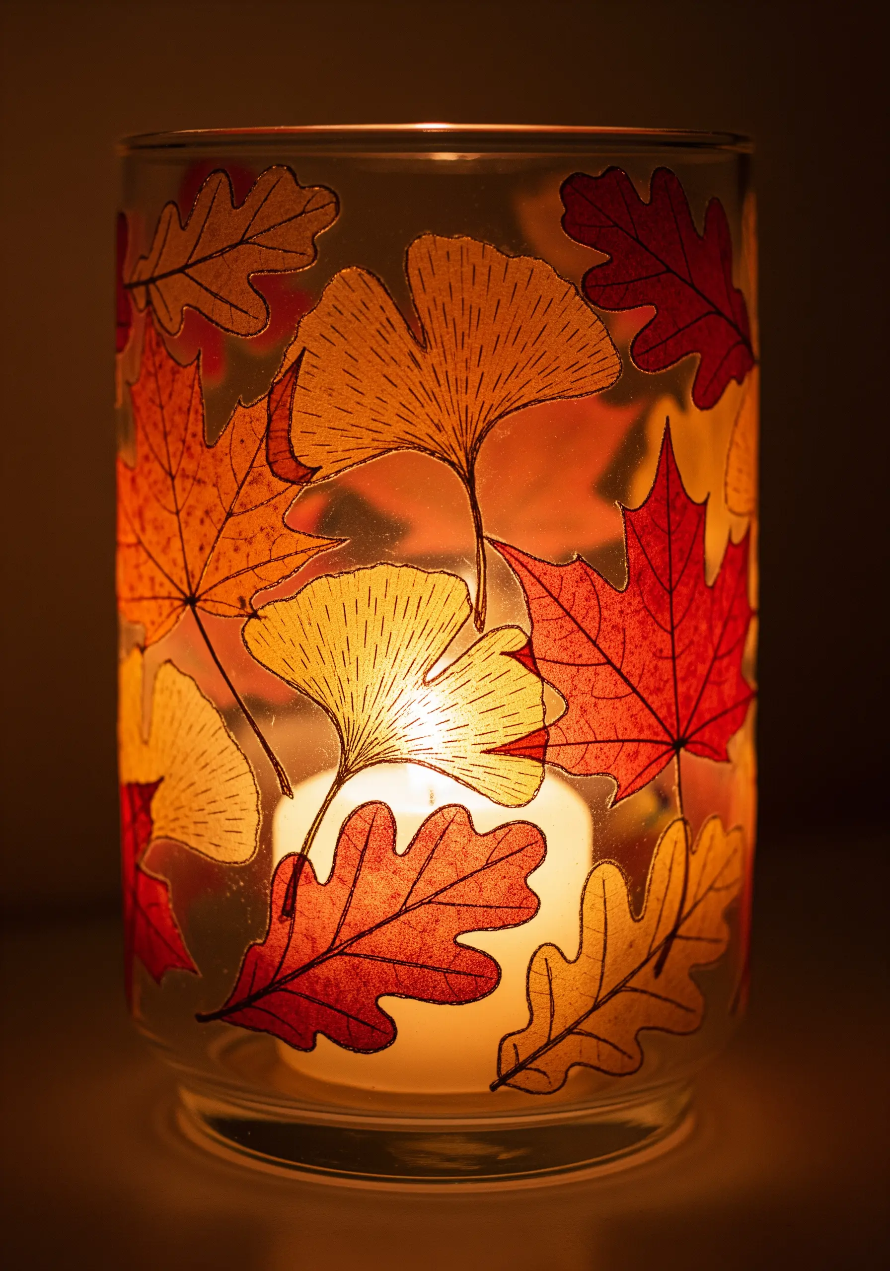 A candle holder decorated with translucent autumn leaves, glowing from within.