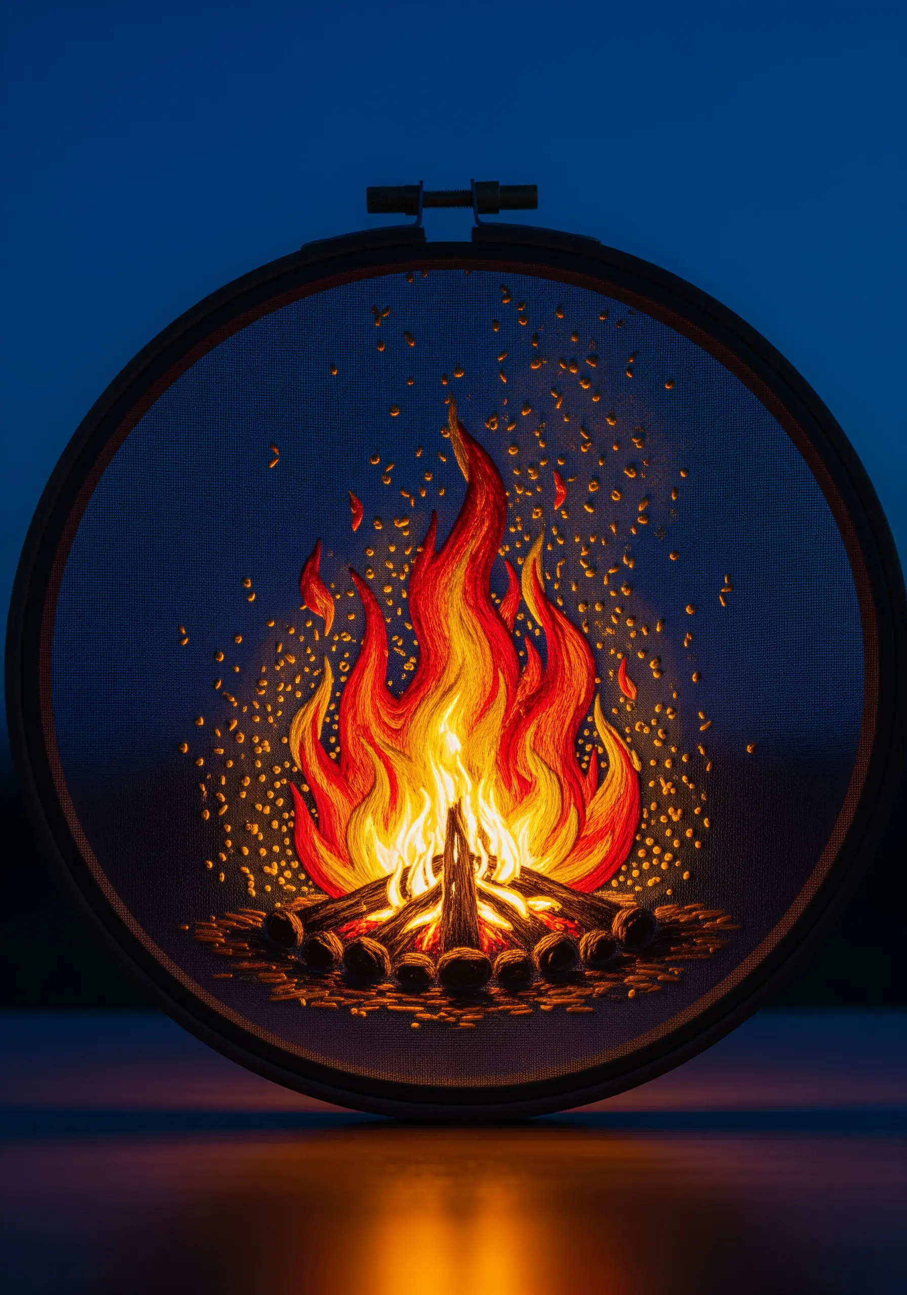 A vibrant embroidery of a crackling campfire with glowing flames on sheer dark fabric.