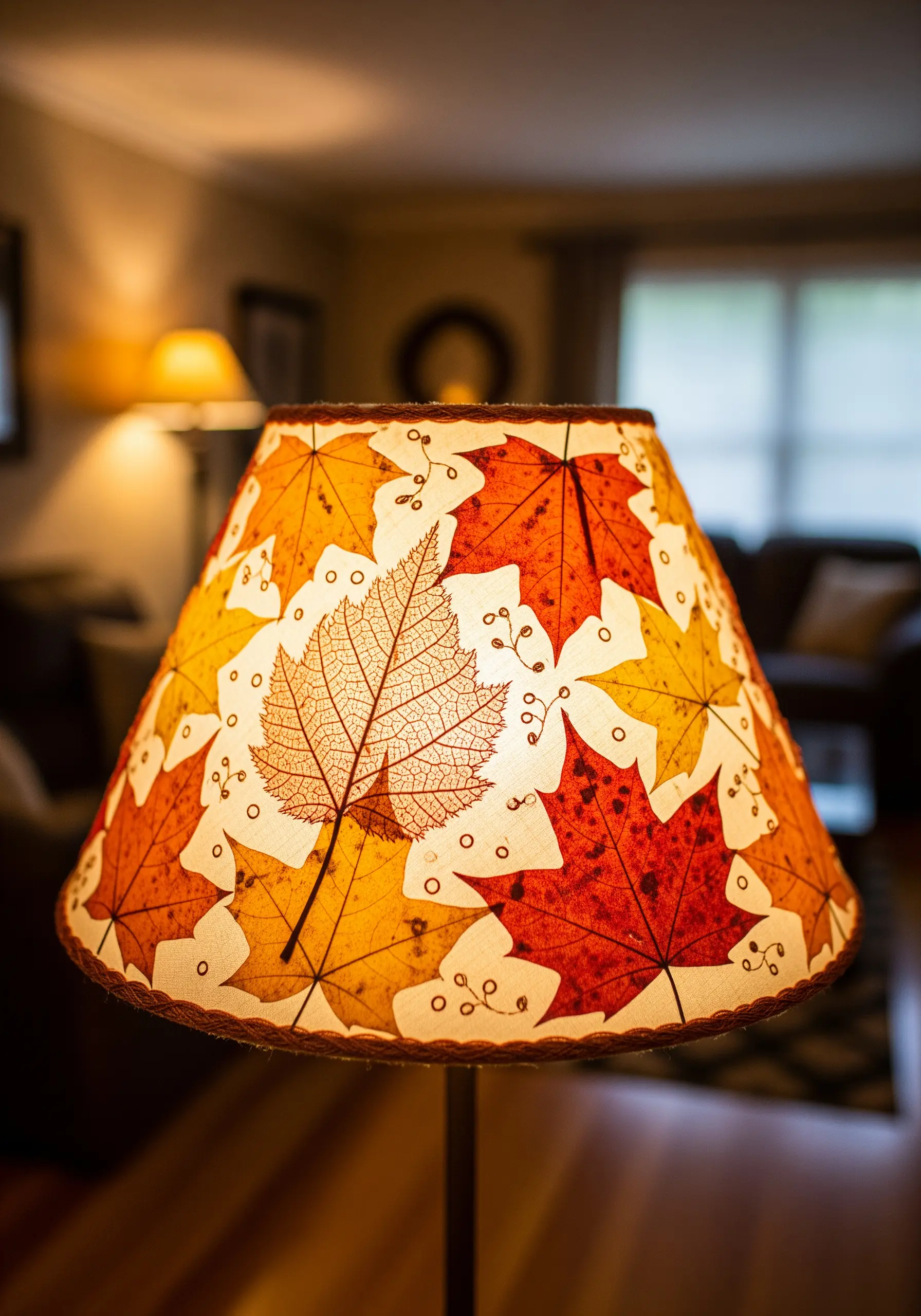 A lampshade decorated with translucent, colorful pressed autumn leaves, glowing from within.