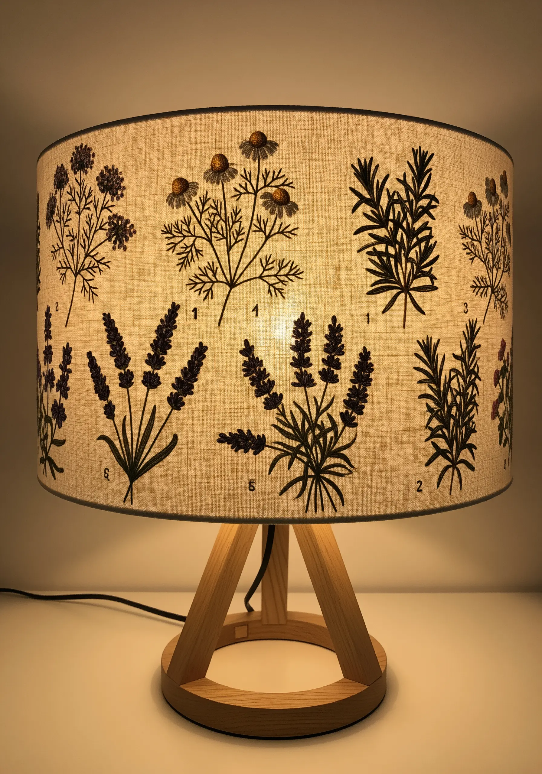 A fabric lampshade illuminated from within, showing embroidered botanical designs.
